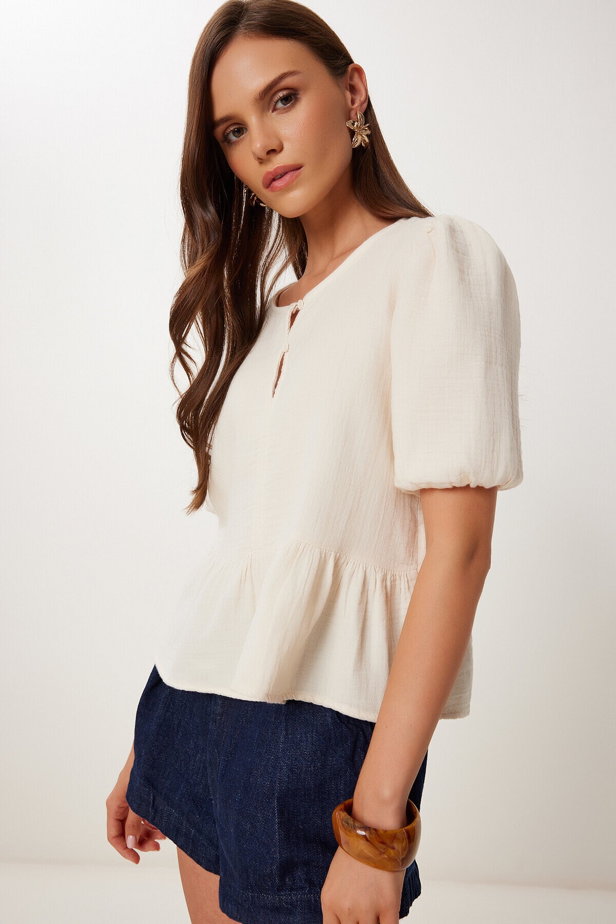 Volanlı Müslin Bluz KREM LMX0091