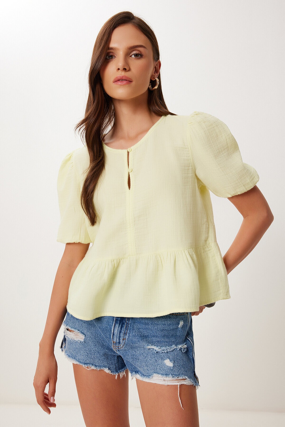 Volanlı Müslin Bluz SARI LMX0091
