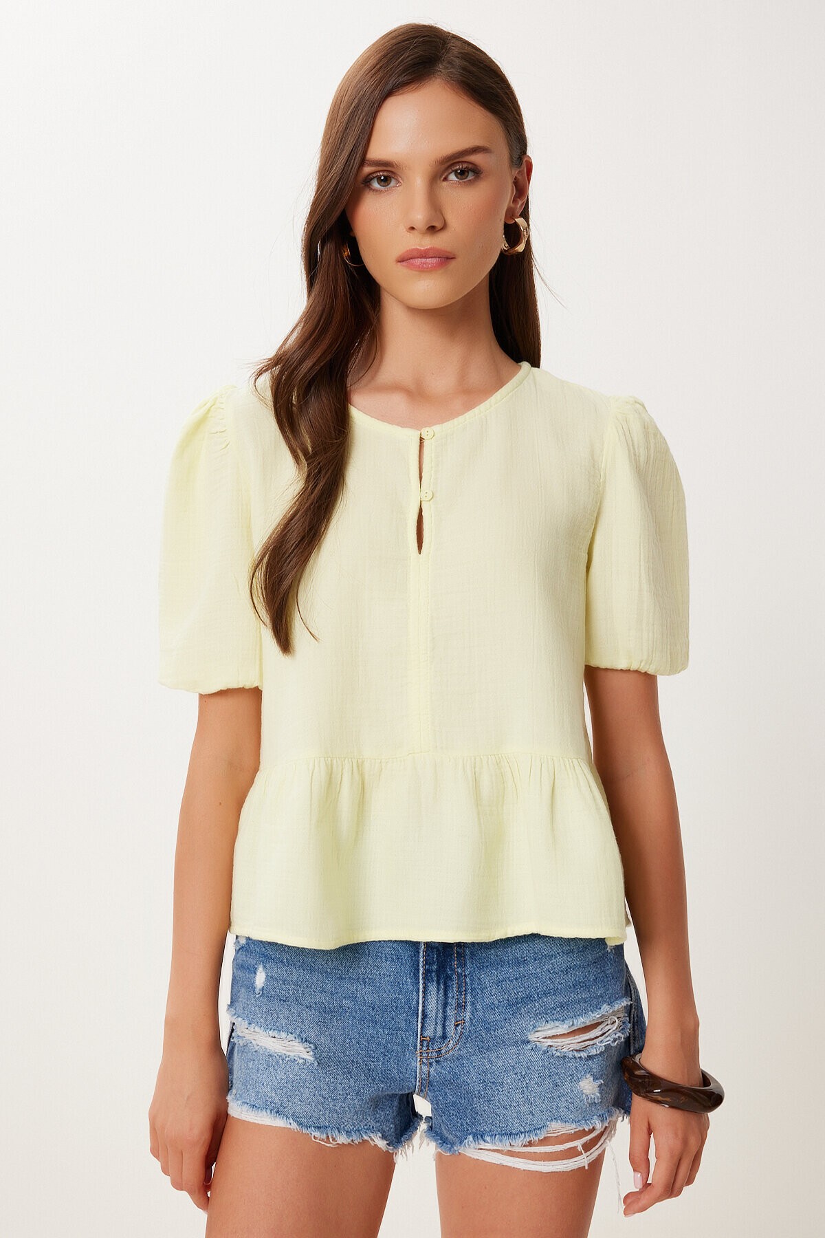 Volanlı Müslin Bluz SARI LMX0091