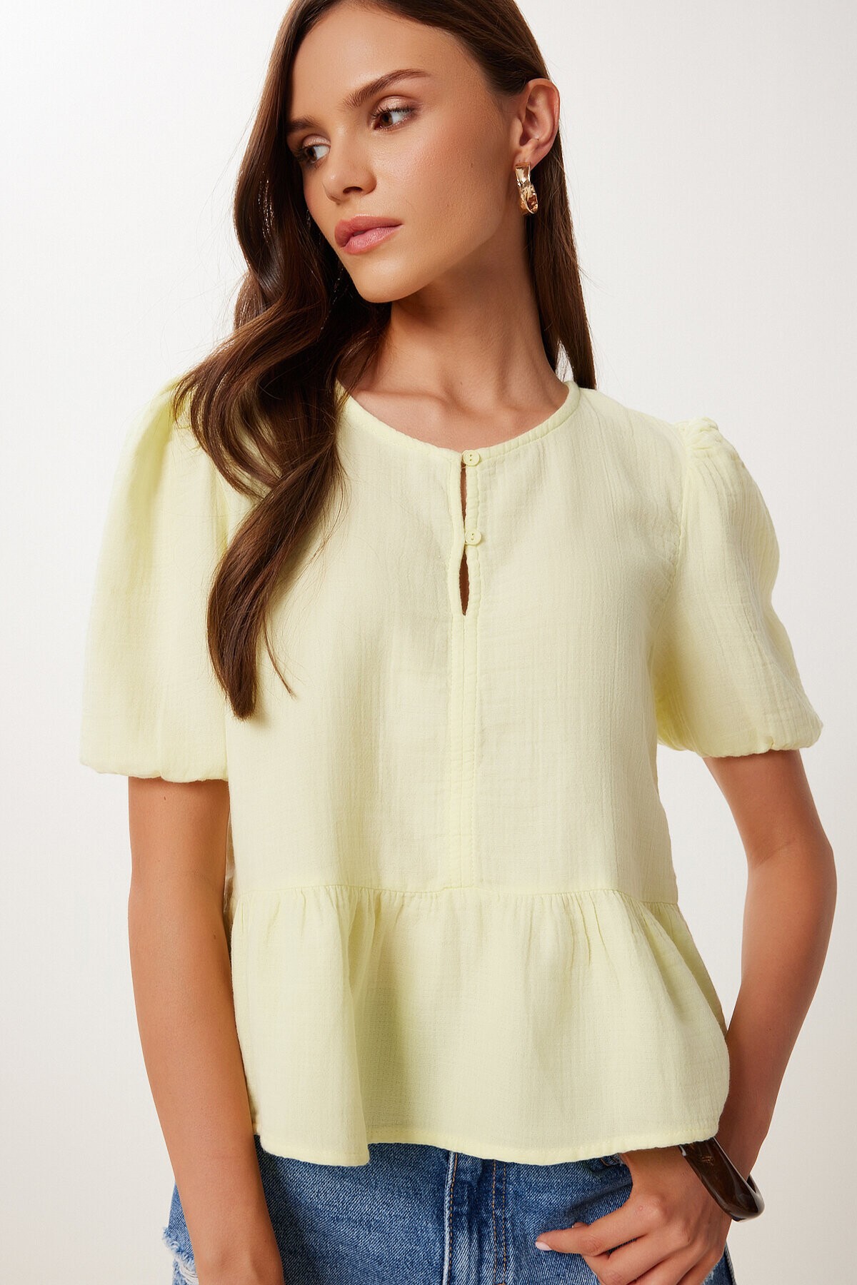Volanlı Müslin Bluz SARI LMX0091