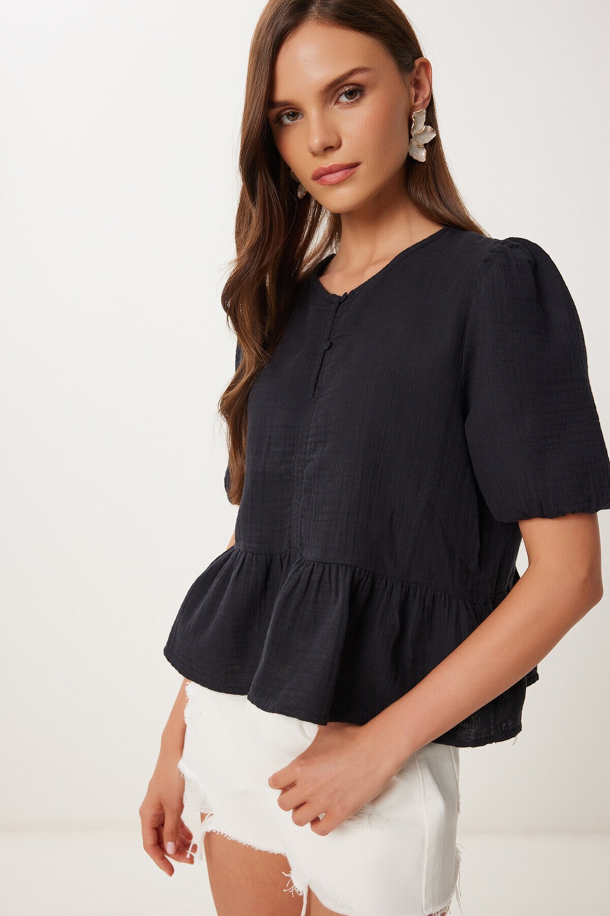 Volanlı Müslin Bluz SİYAH LMX0091