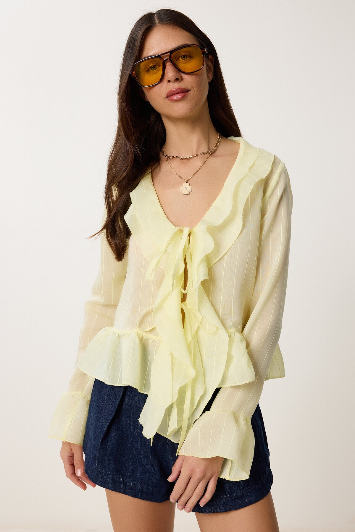 Volanlı Transparan Dokuma Bluz SARI LMX0089