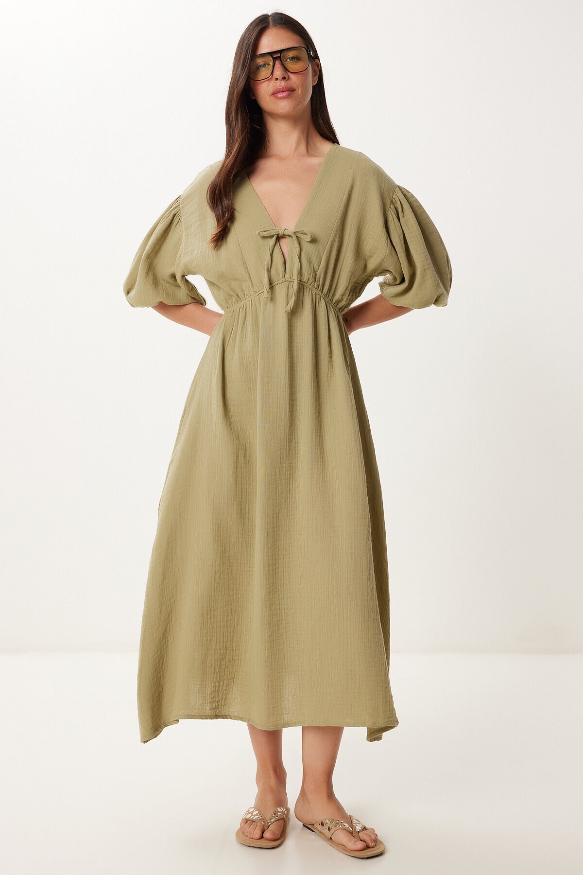 Yazlık Midi Müslin Elbise HAKİ LKB0014