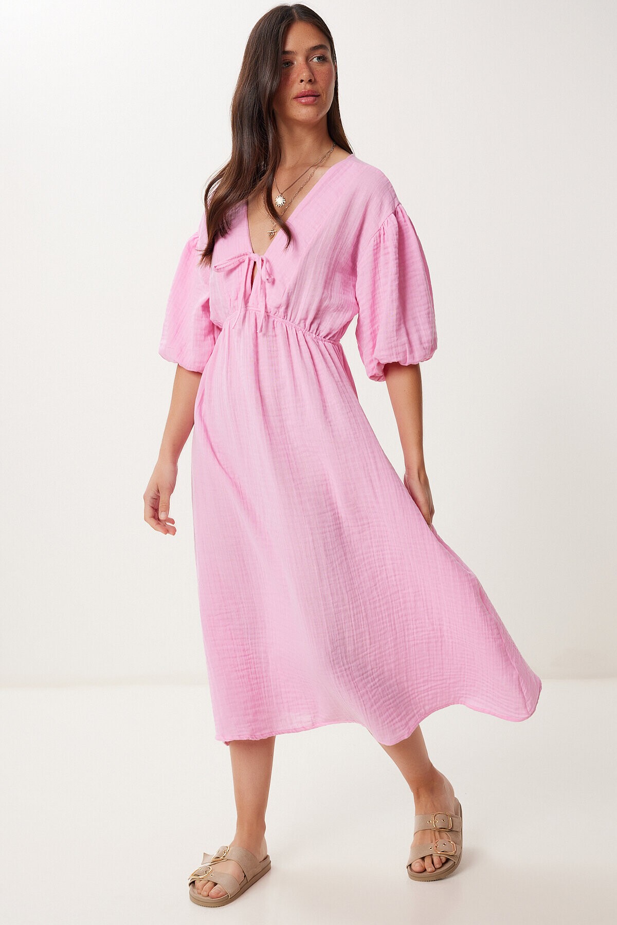 Yazlık Midi Müslin Elbise PEMBE LKB0014