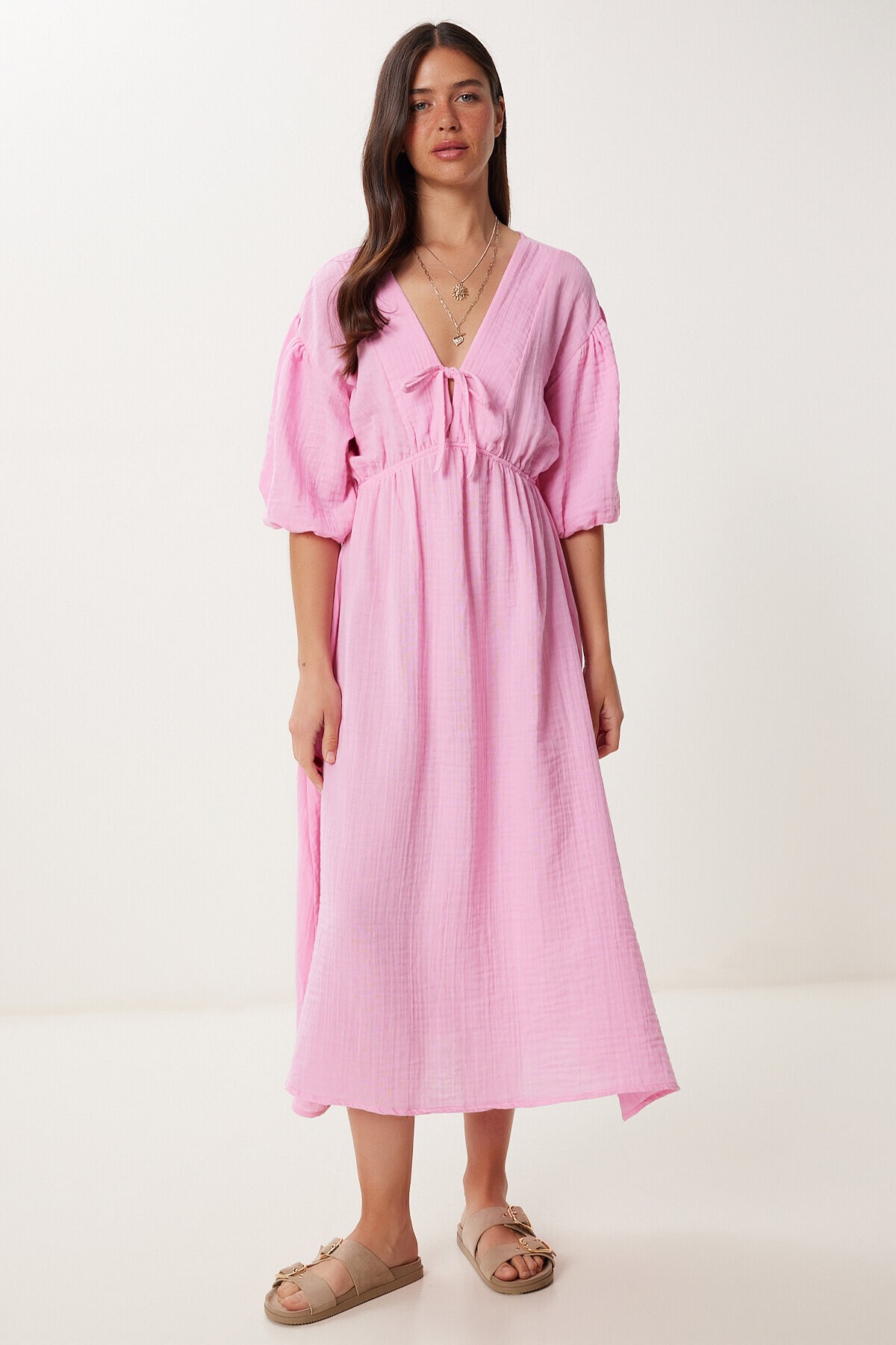 Yazlık Midi Müslin Elbise PEMBE LKB0014