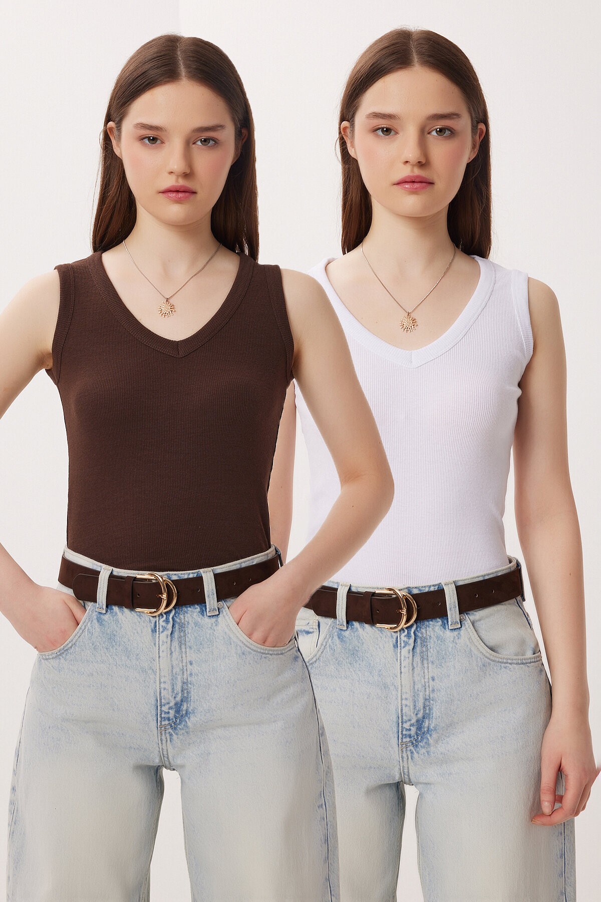 2’li Paket V Yaka Fitilli Örme Bluz KAHVERENGİ BEYAZ LRN0028
