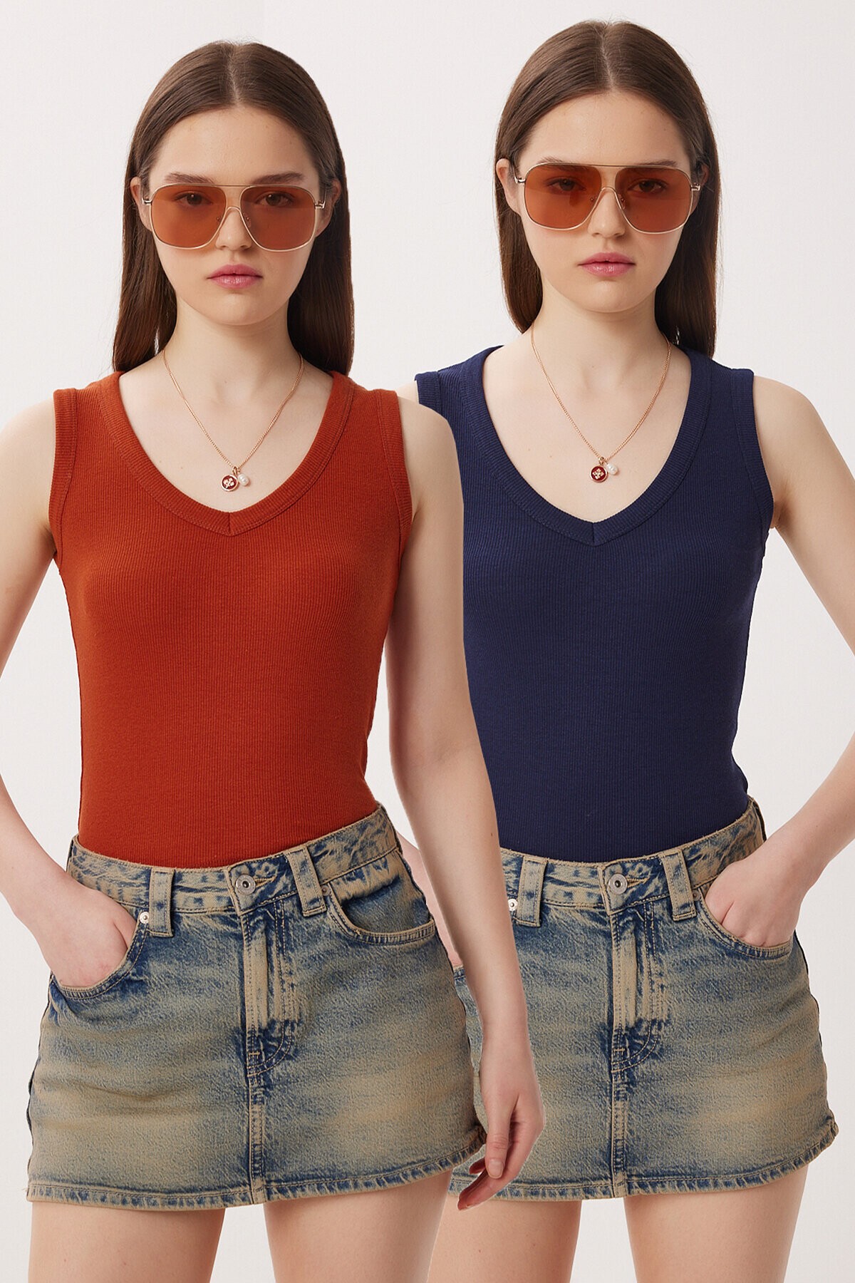 2’li Paket V Yaka Fitilli Örme Bluz LACİVERT KİREMİT LRN0028