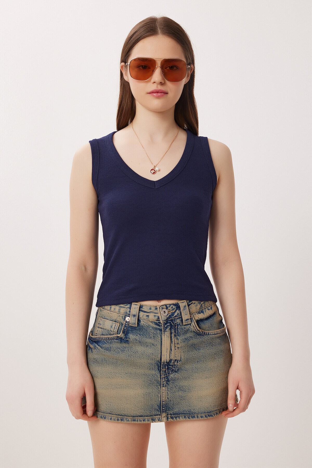 2’li Paket V Yaka Fitilli Örme Bluz LACİVERT KİREMİT LRN0028