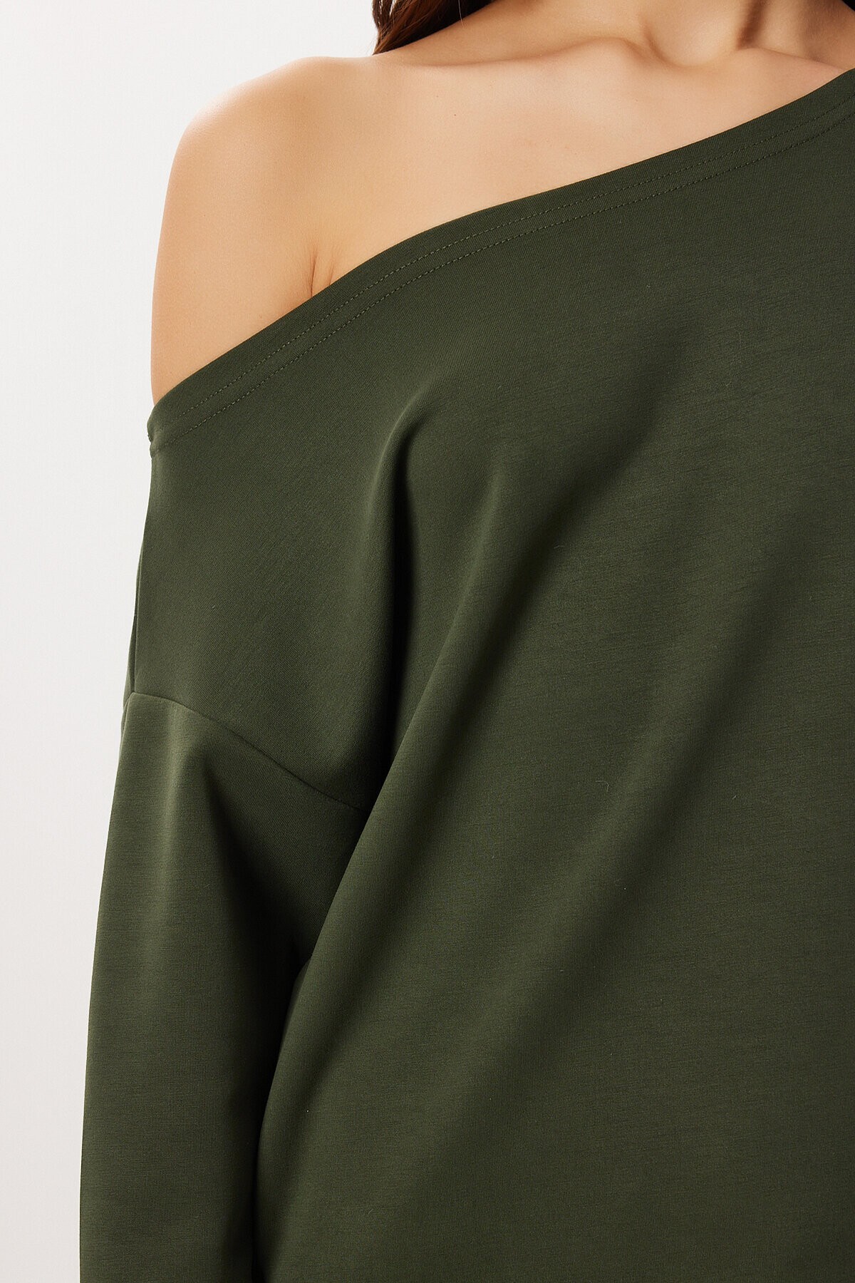 Açık Omuzlu Yumuşak Modal Sweatshirt HAKİ LUB0252
