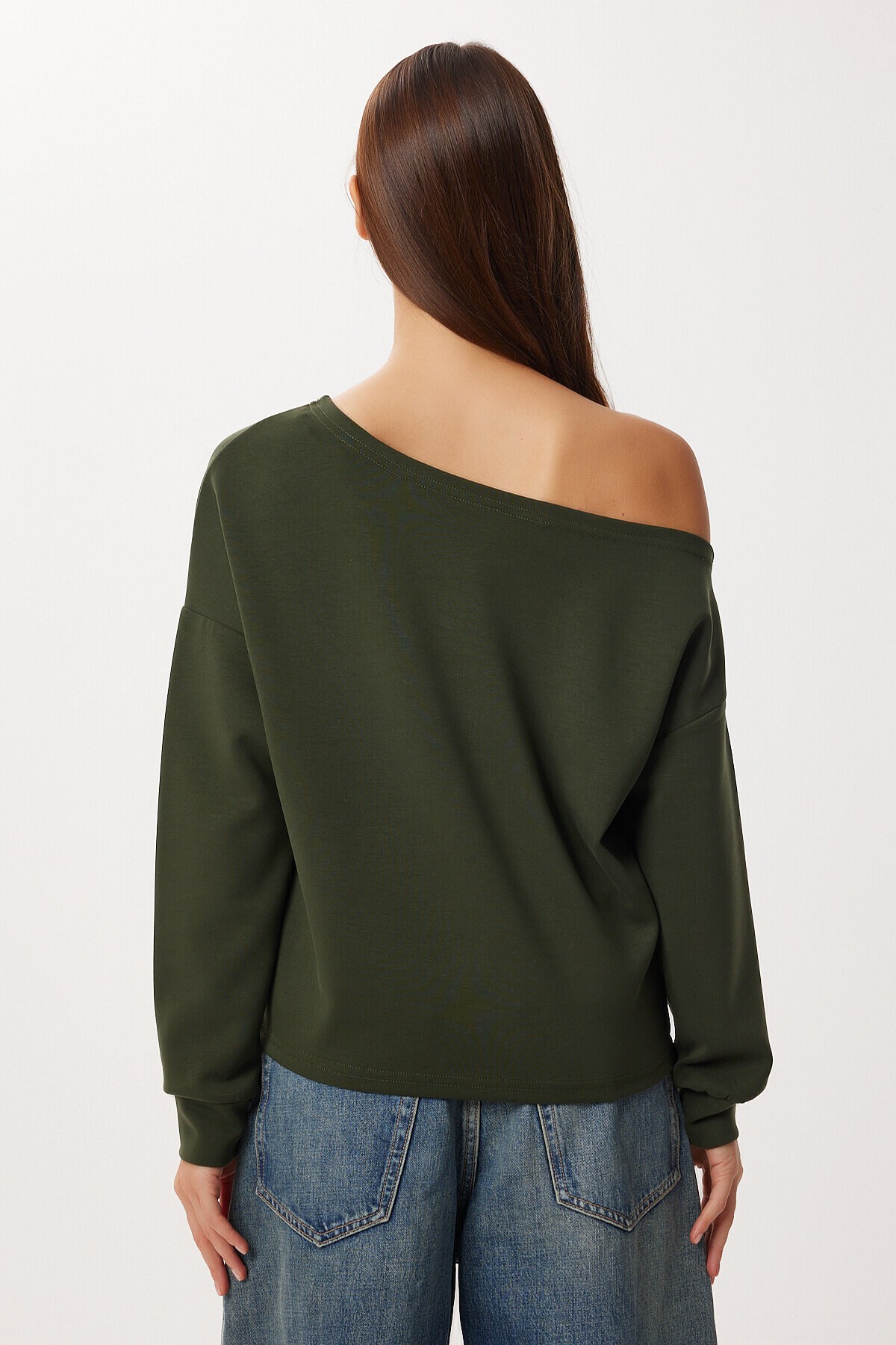 Açık Omuzlu Yumuşak Modal Sweatshirt HAKİ LUB0252