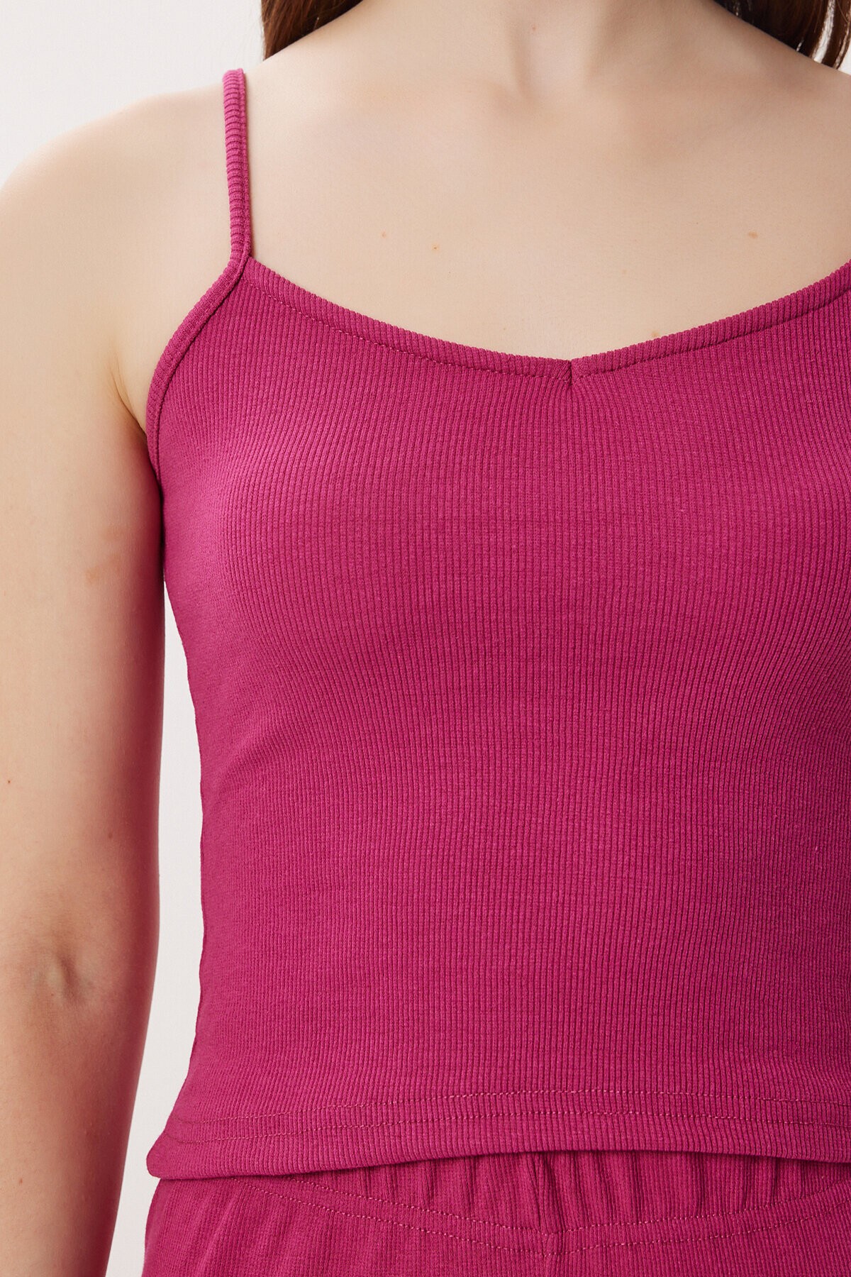 Askılı Crop Fitilli Örme Pijama Takımı KOYU PEMBE LRN0018