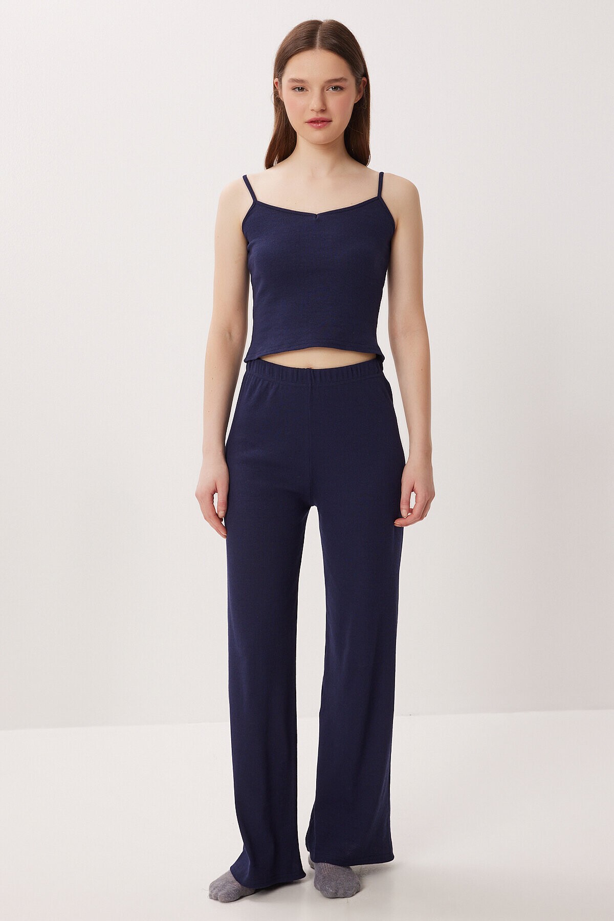 Askılı Crop Fitilli Örme Pijama Takımı LACİVERT LRN0018