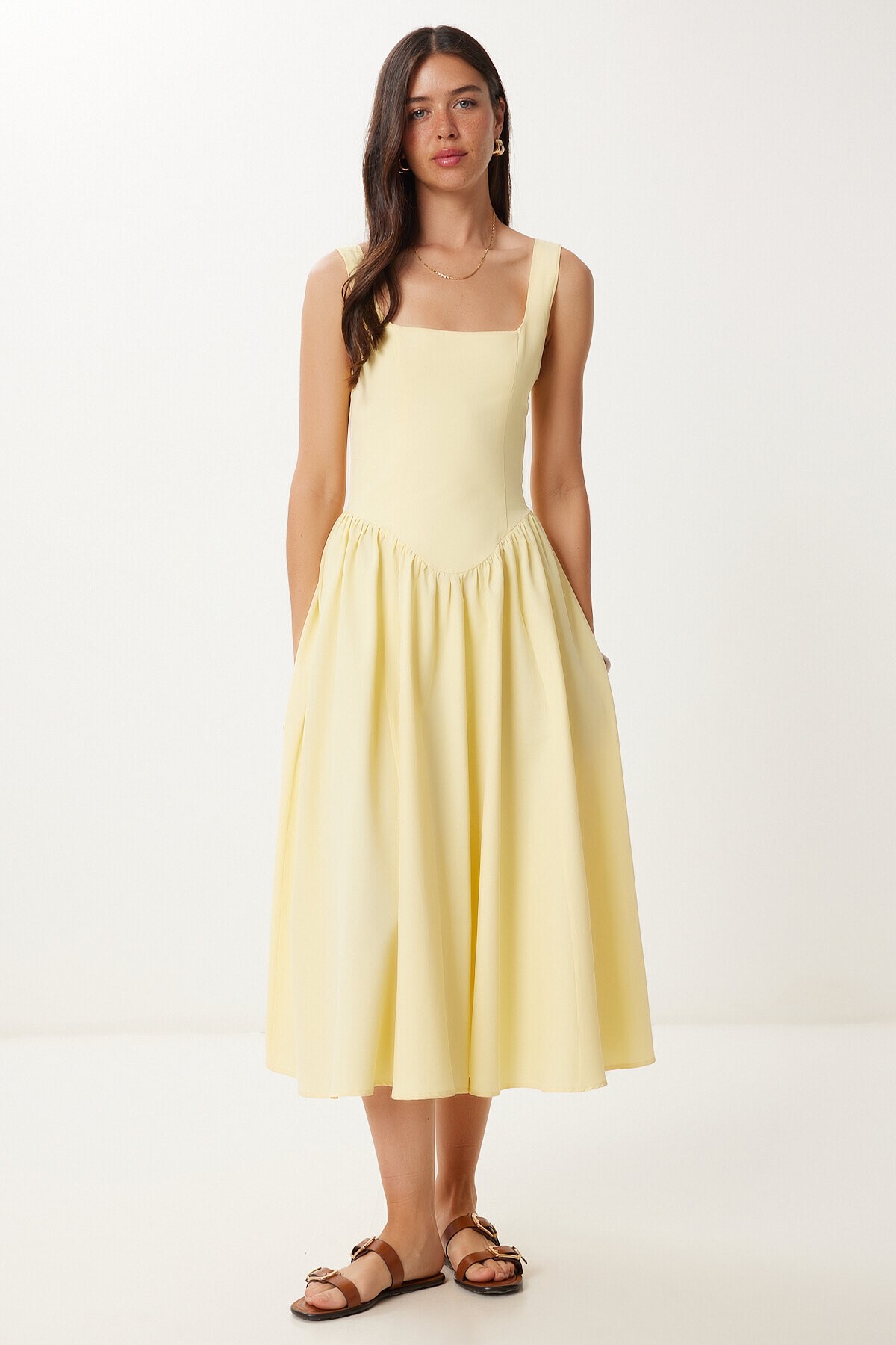 Askılı Yazlık Midi Poplin Elbise SARI LRG0030