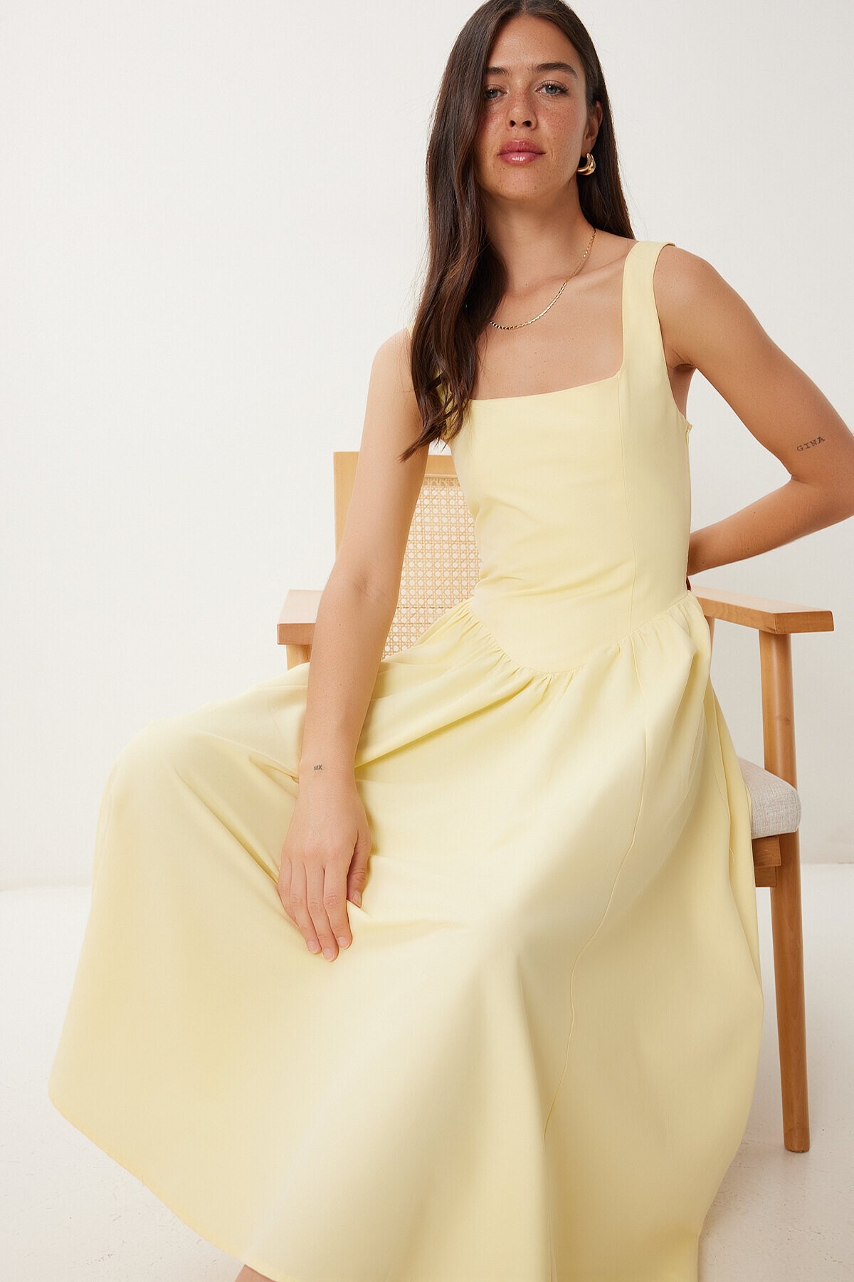 Askılı Yazlık Midi Poplin Elbise SARI LRG0030