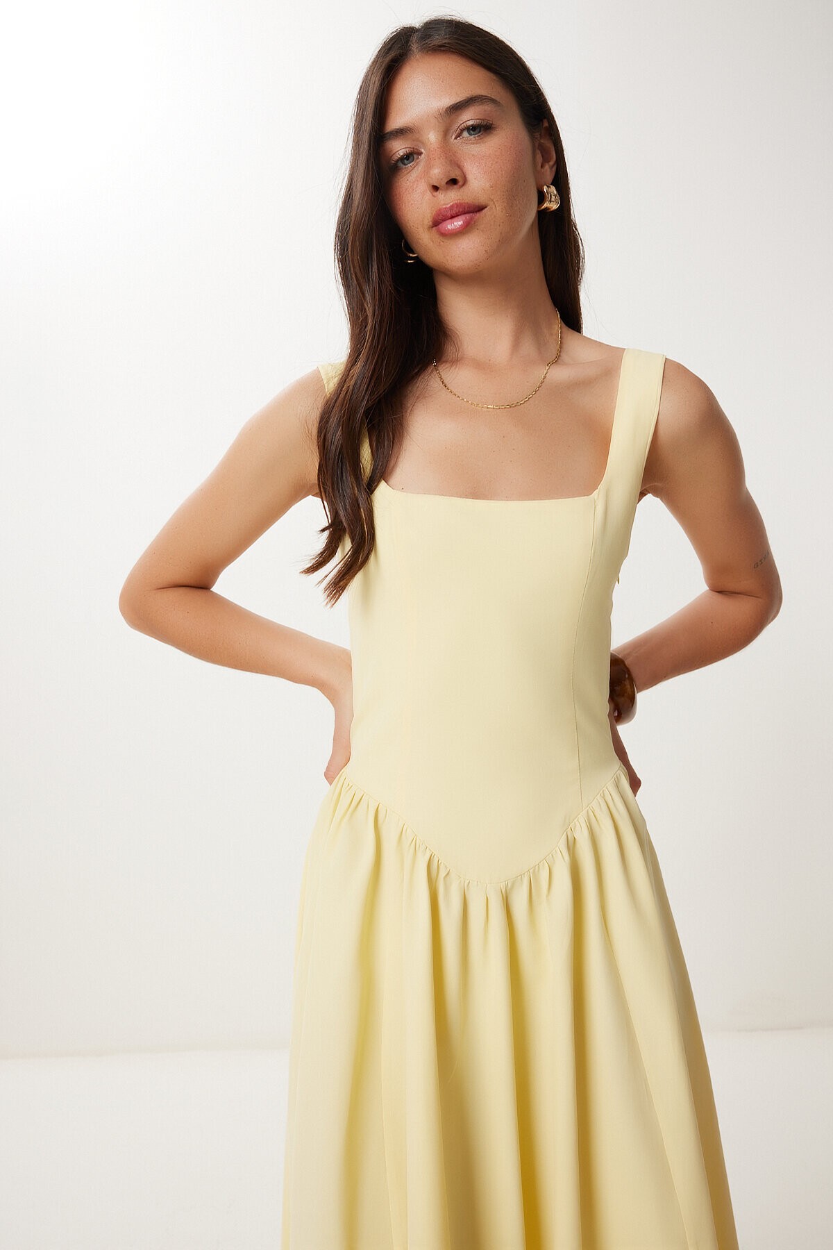 Askılı Yazlık Midi Poplin Elbise SARI LRG0030
