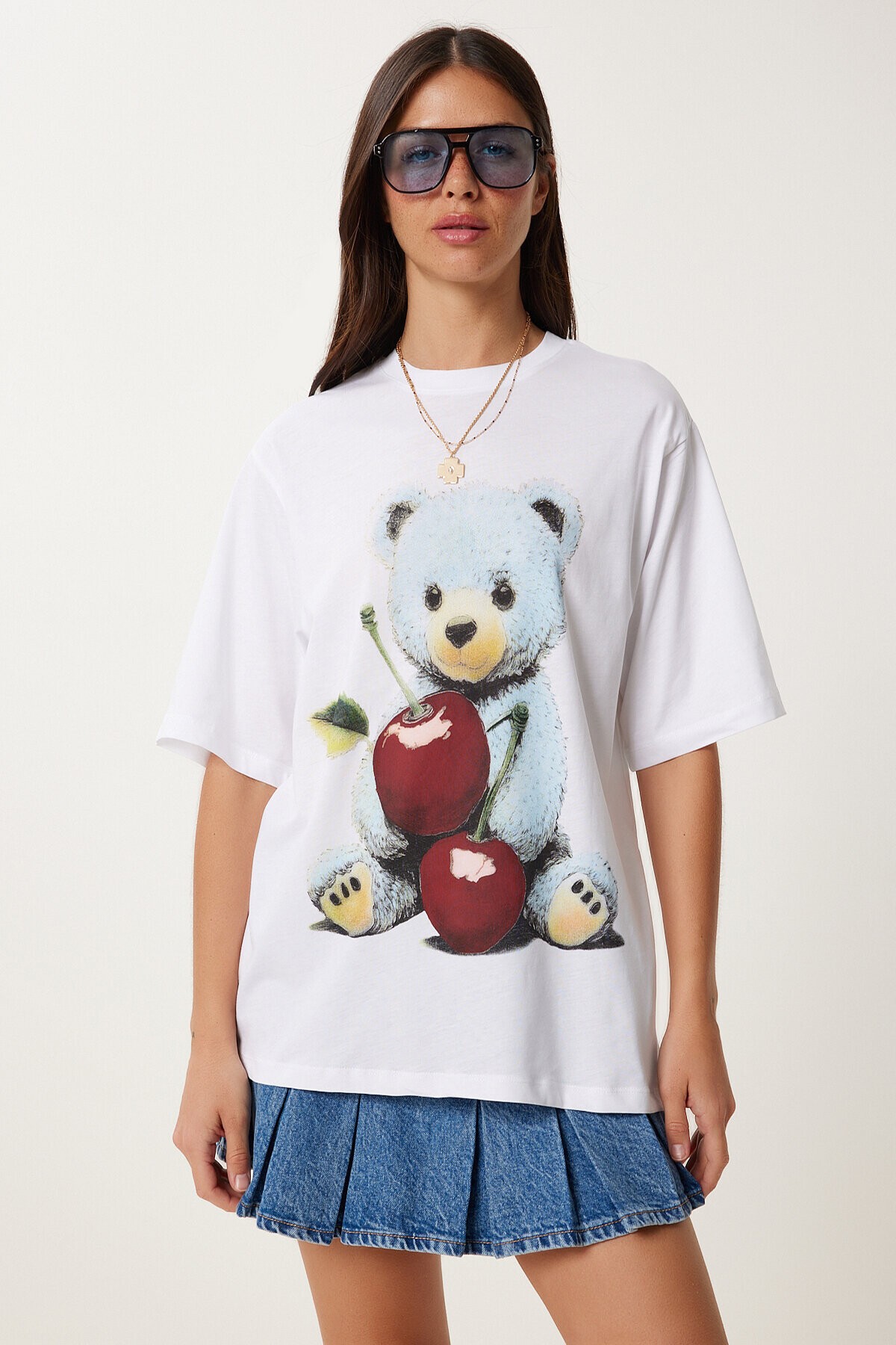 Ayıcık Baskılı Pamuklu Örme T-shirt BEYAZ LUB0122