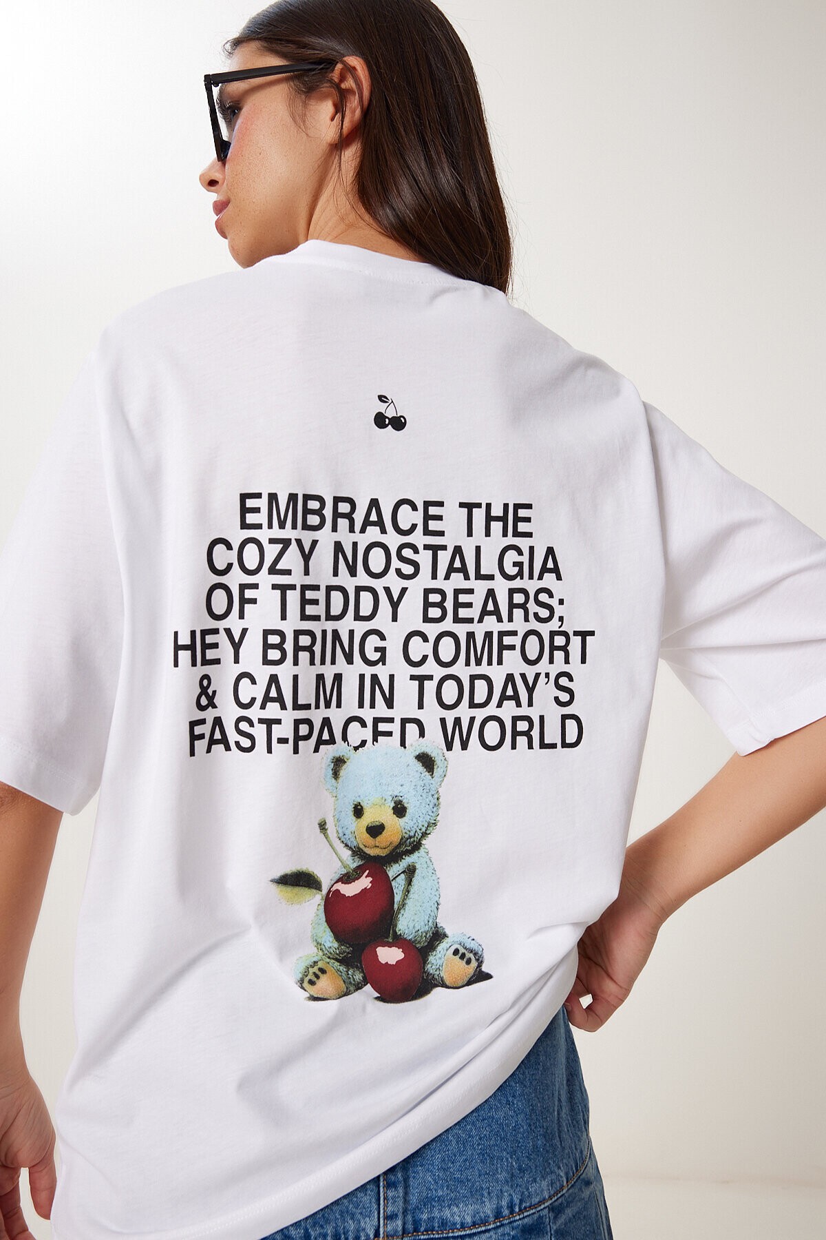 Ayıcık Baskılı Pamuklu Örme T-shirt BEYAZ LUB0122