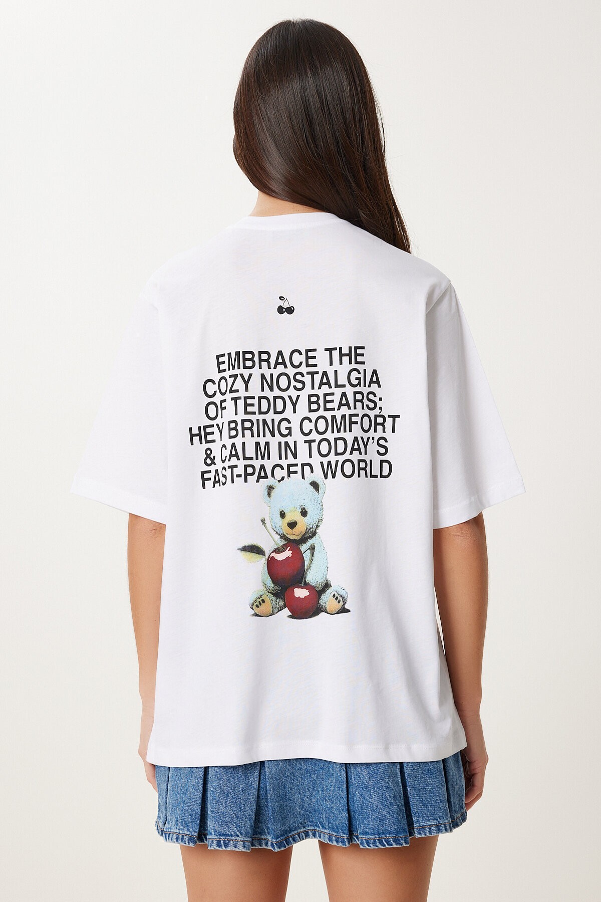 Ayıcık Baskılı Pamuklu Örme T-shirt BEYAZ LUB0122