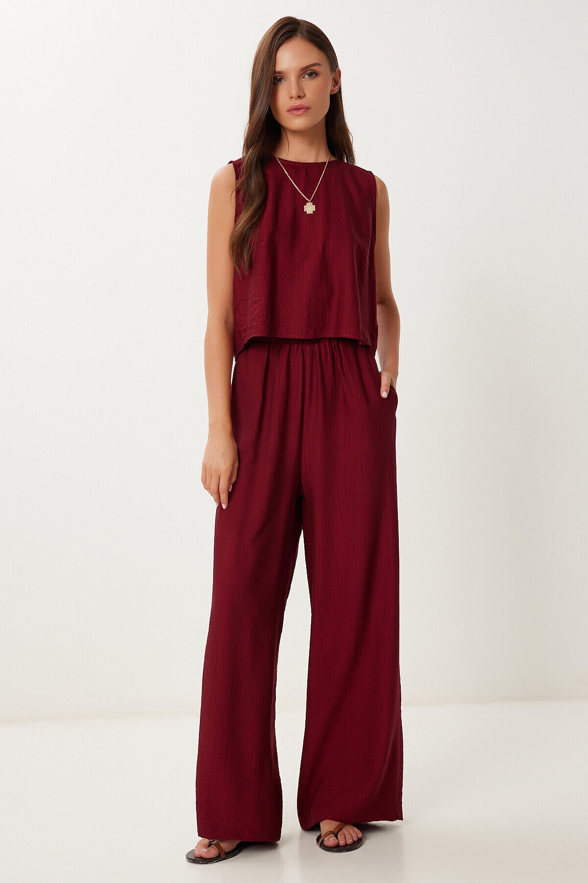 Bağlama Detaylı Bluz Pantolon Takım BORDO LRV0104
