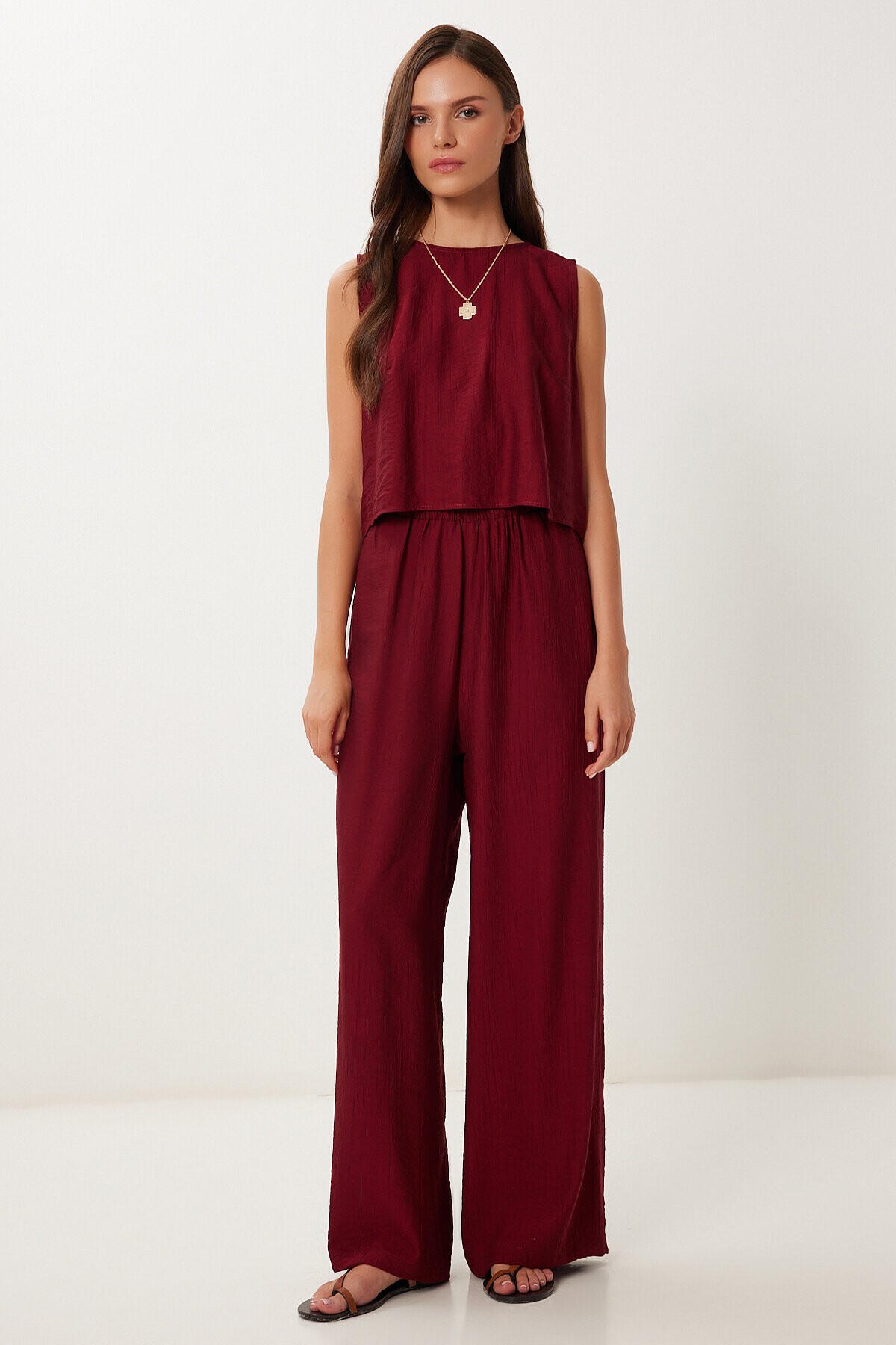 Bağlama Detaylı Bluz Pantolon Takım BORDO LRV0104