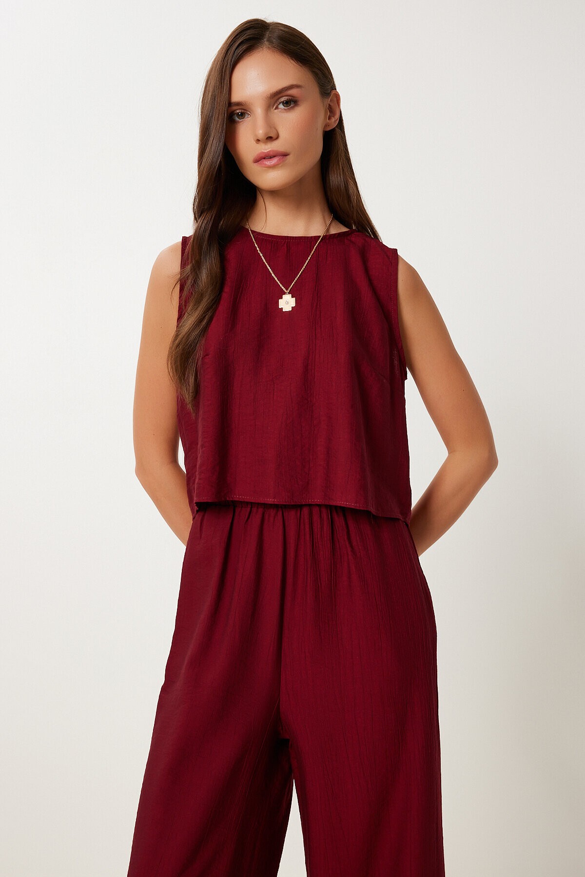Bağlama Detaylı Bluz Pantolon Takım BORDO LRV0104