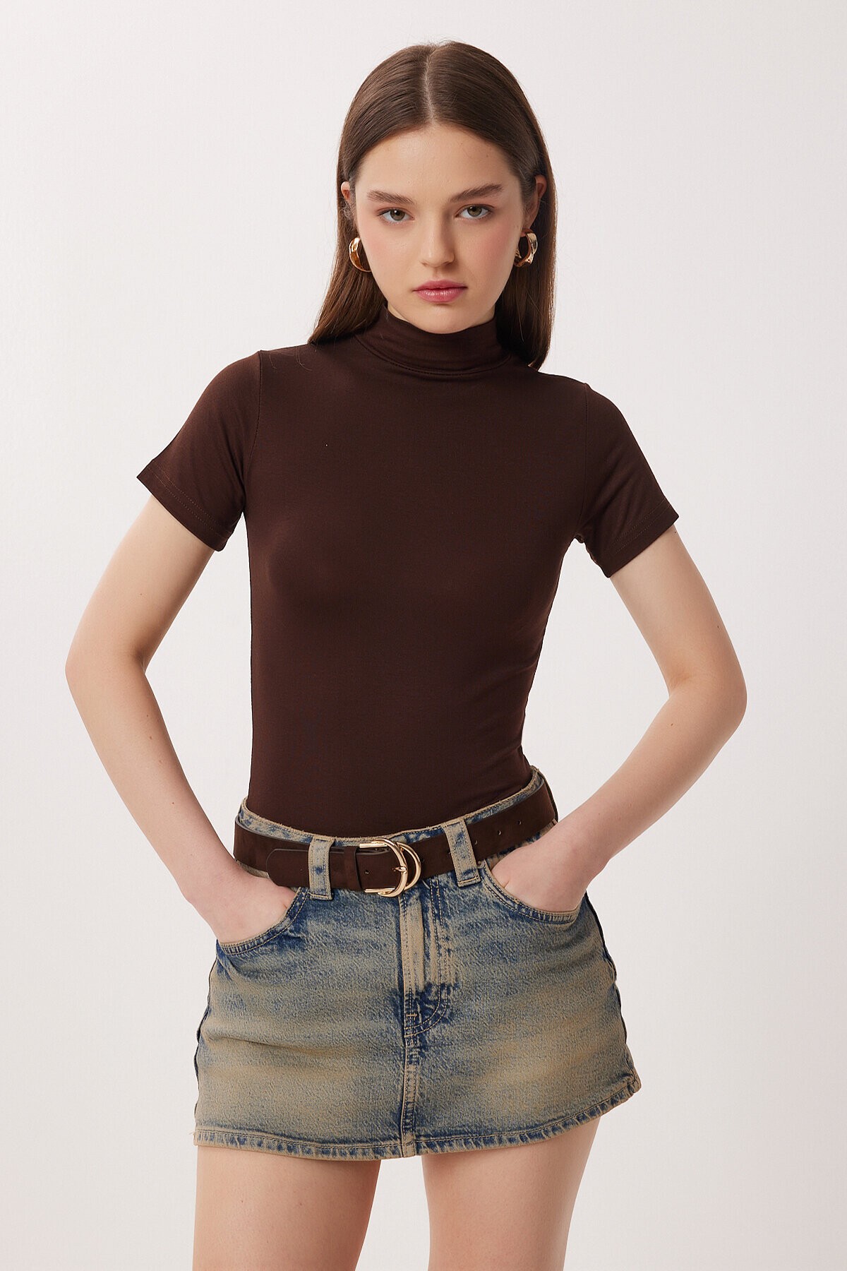 Balıkçı Yaka Basic Viskon Bluz KAHVERENGİ LRN0027