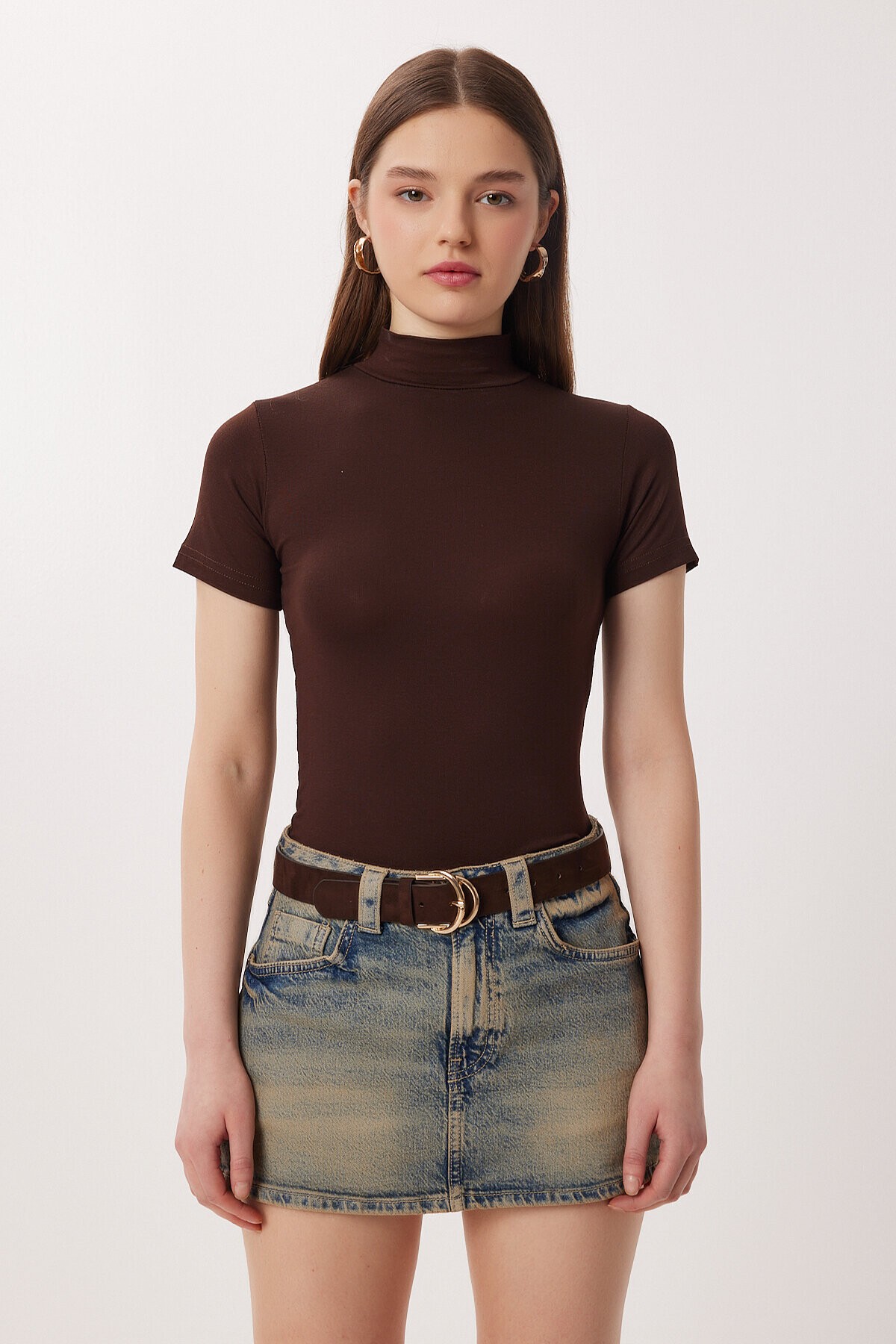 Balıkçı Yaka Basic Viskon Bluz KAHVERENGİ LRN0027