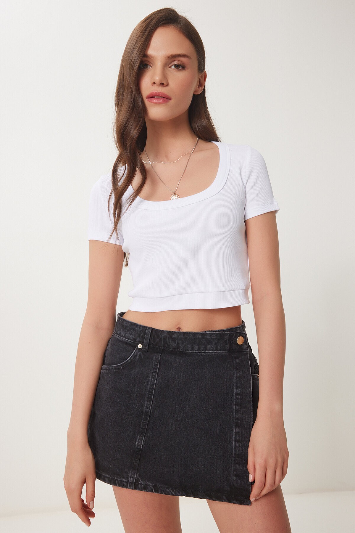 Basic Fitilli Crop Örme Bluz BEYAZ LUS0109