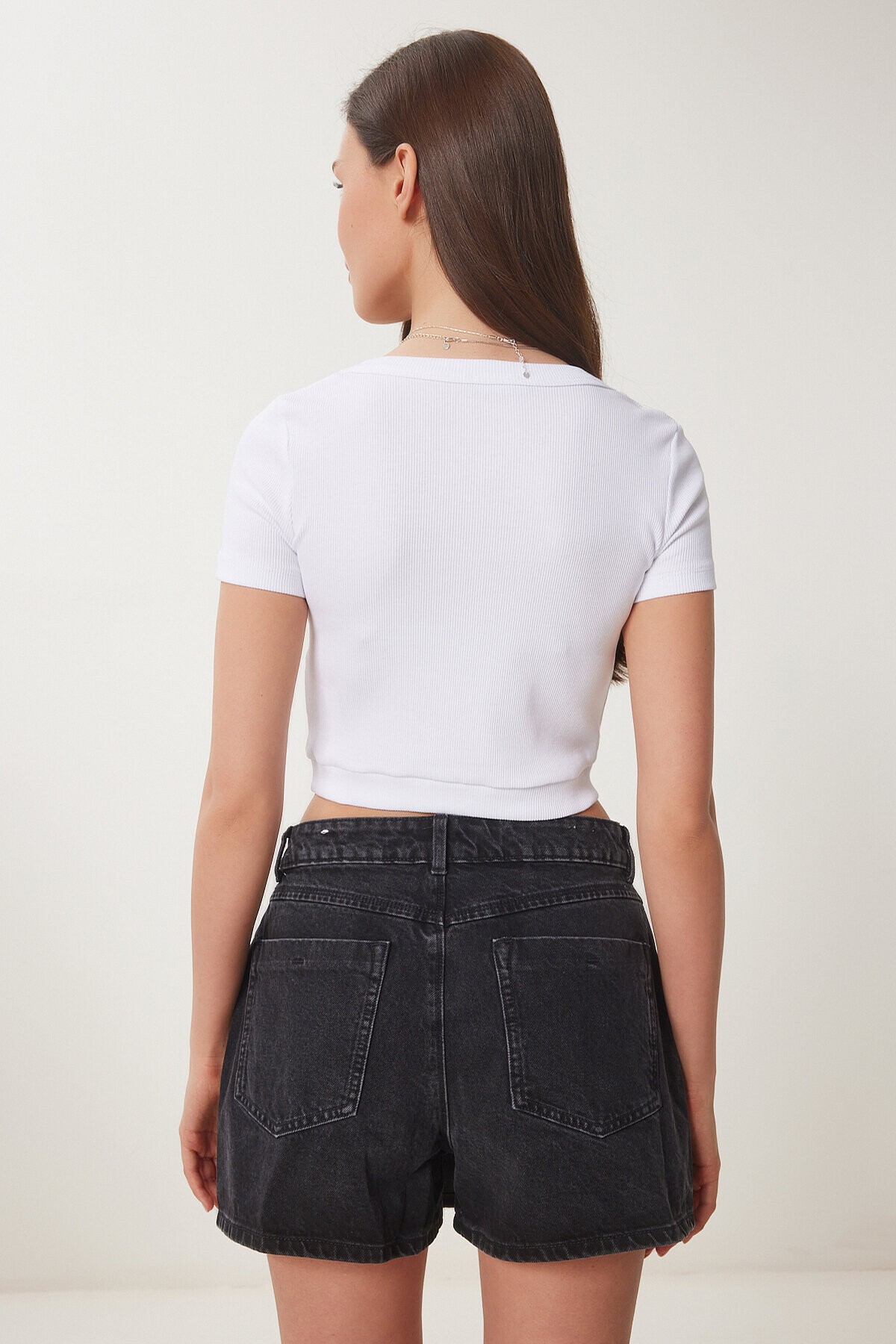 Basic Fitilli Crop Örme Bluz BEYAZ LUS0109