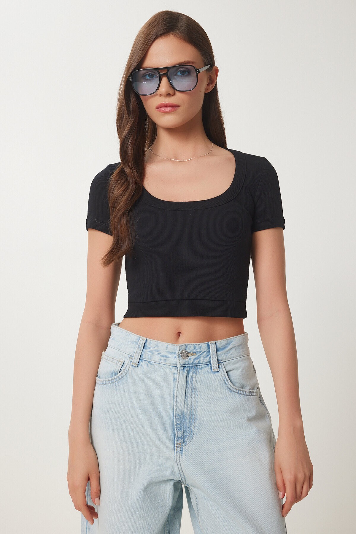 Basic Fitilli Crop Örme Bluz SİYAH LUS0109