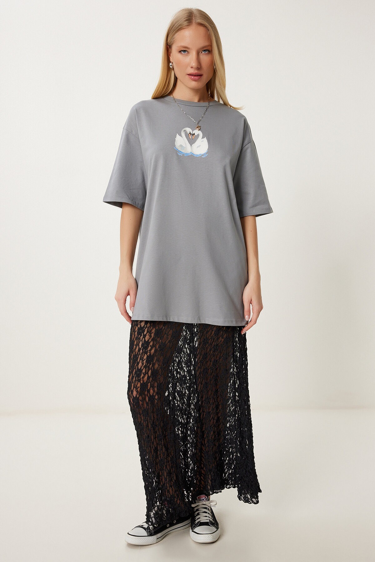 Baskılı Oversize Örme Elbise GRİ LUB0118
