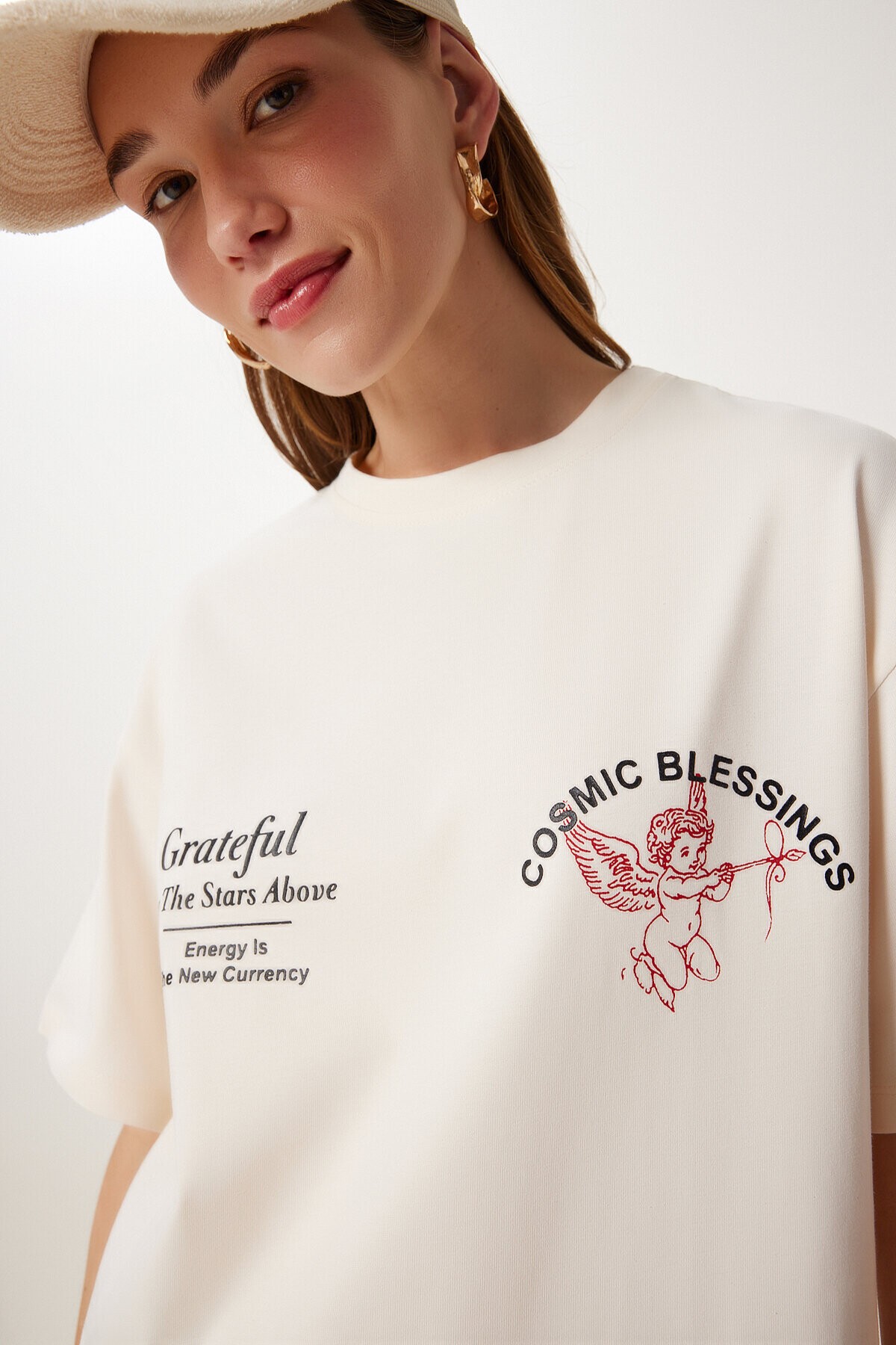 Baskılı Pamuklu Örme T-shirt KREM LUB0134