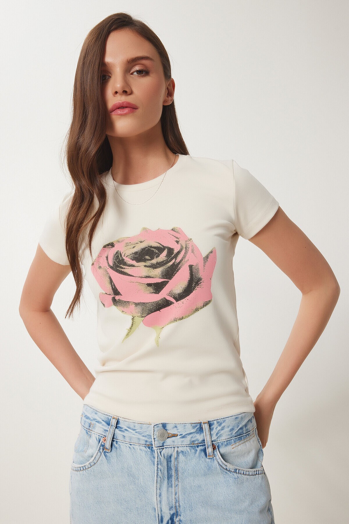 Çiçek Baskılı Örme T-shirt KREM LUS0114