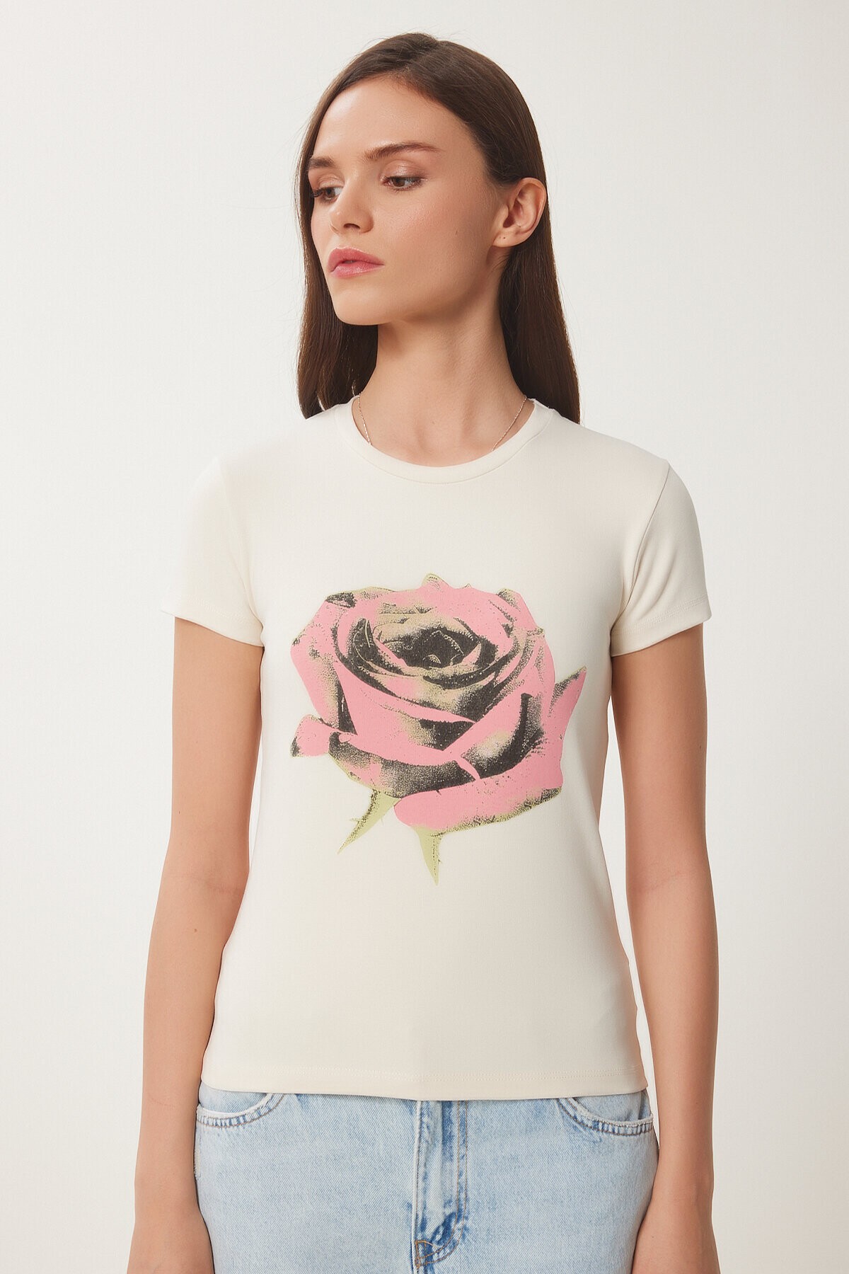 Çiçek Baskılı Örme T-shirt KREM LUS0114