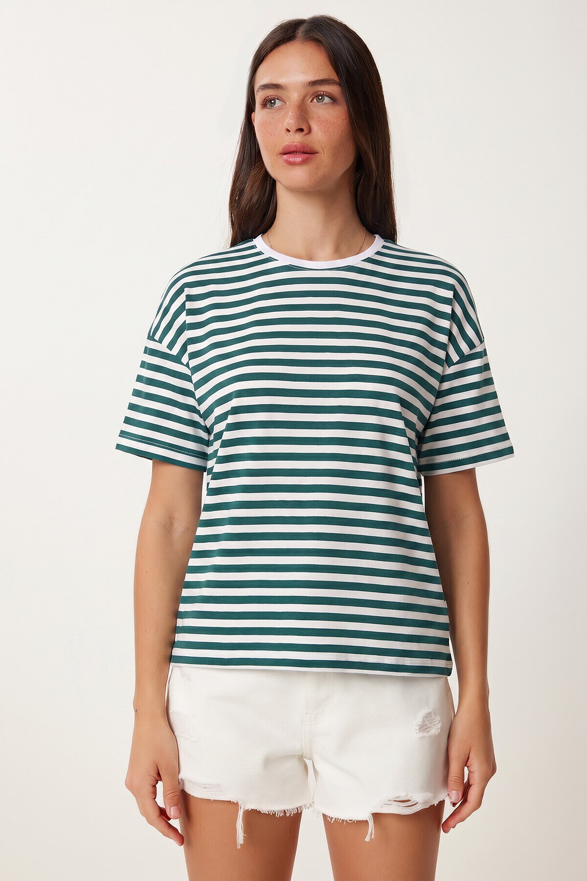 Çizgili Oversize Viskon T-shirt YEŞİL BEYAZ LRN0041