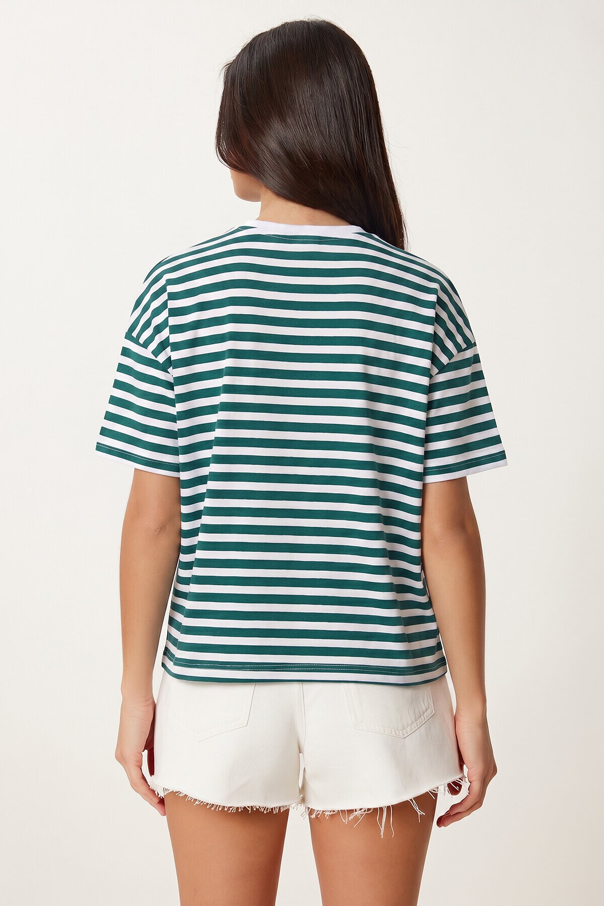Çizgili Oversize Viskon T-shirt YEŞİL BEYAZ LRN0041