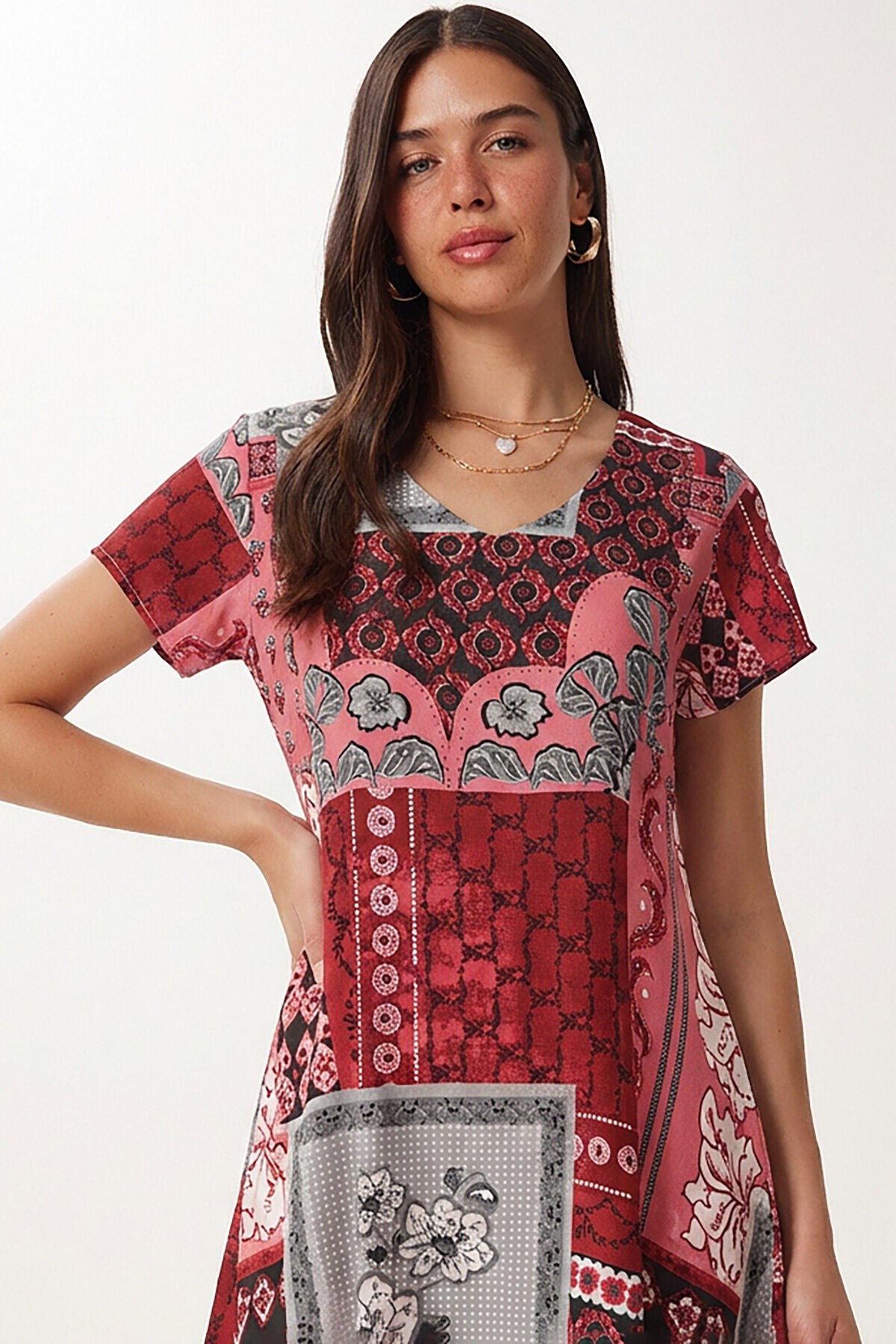 Desenli Dökümlü Yazlık Viskon Elbise BORDO PEMBE LRN0040