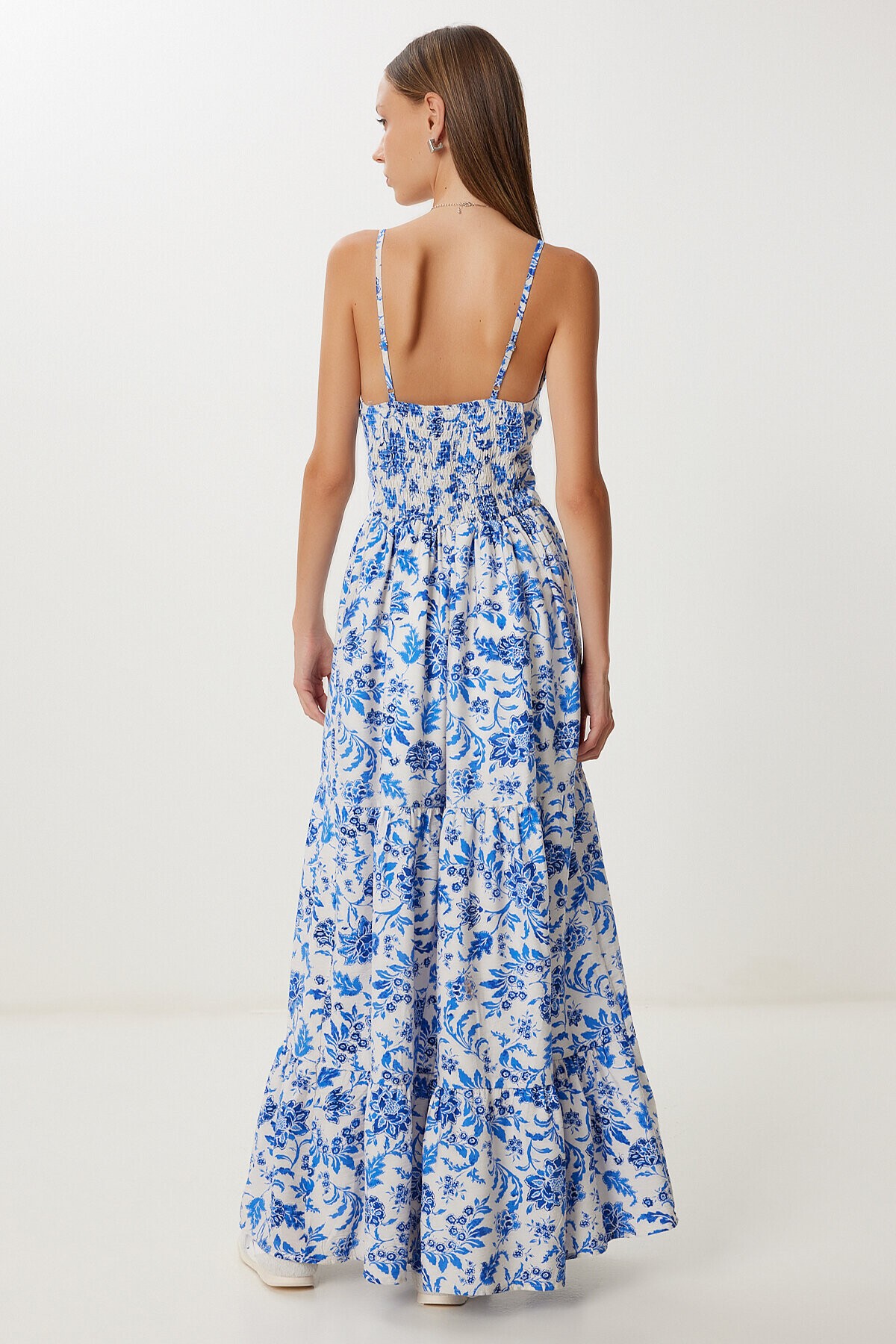 Desenli Volanlı Yazlık Dokuma Elbise MAVİ EKRU LUB0152