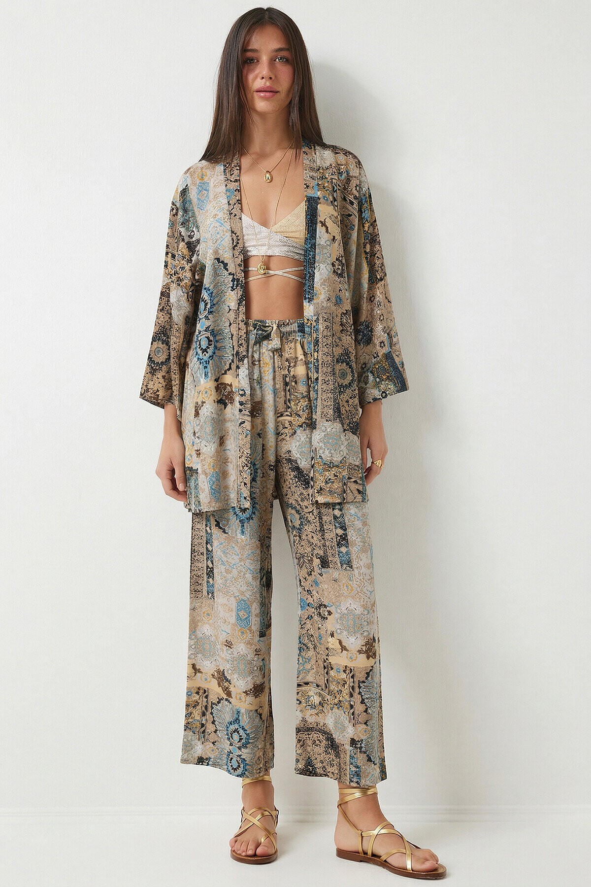 Desenli Yazlık Viskon Kimono Pantolon Takım BEJ MAVİ LRN0013