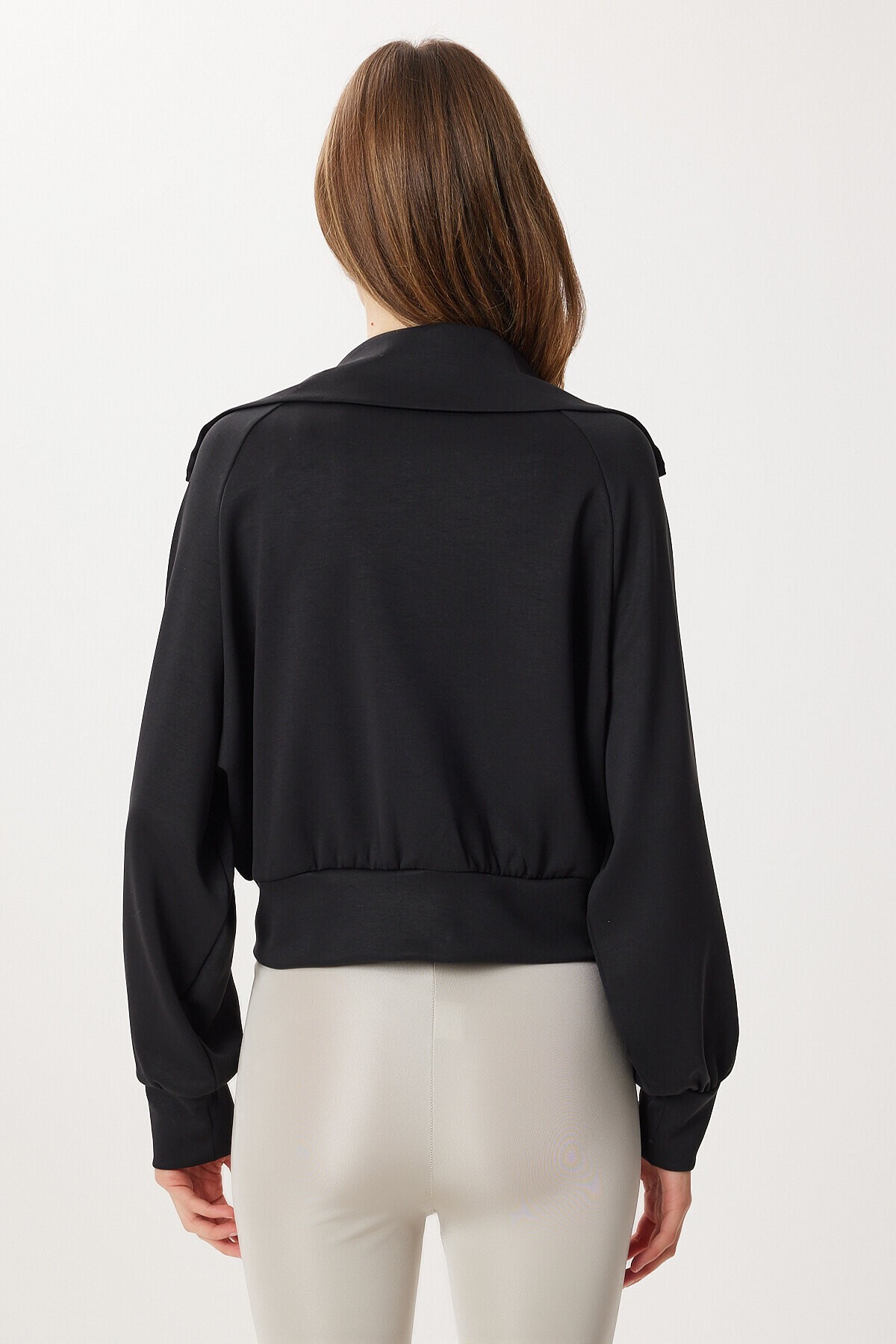 Dik Yaka Fermuarlı Modal Sweatshirt SİYAH LUB0308