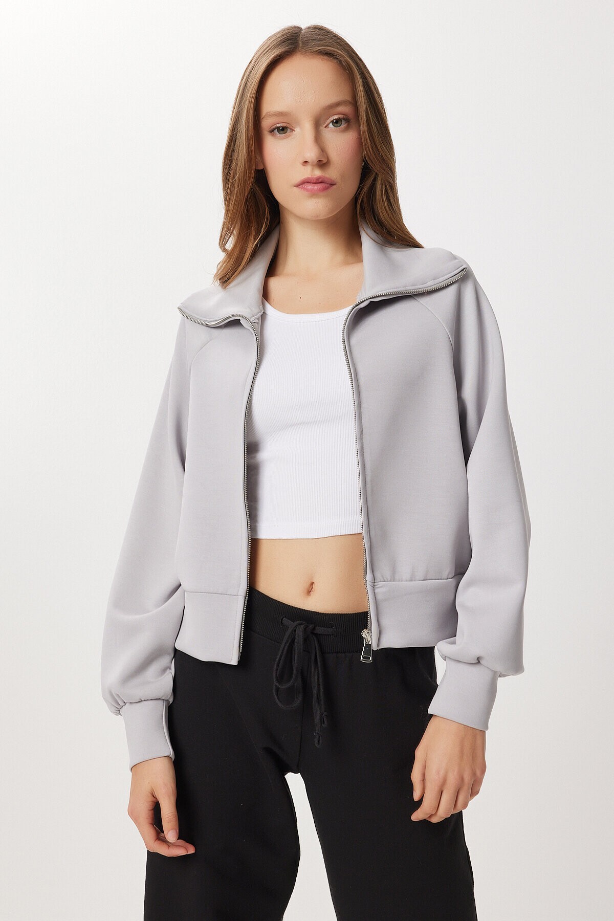 Dik Yaka Fermuarlı Modal Sweatshirt TAŞ GRİSİ LUB0308