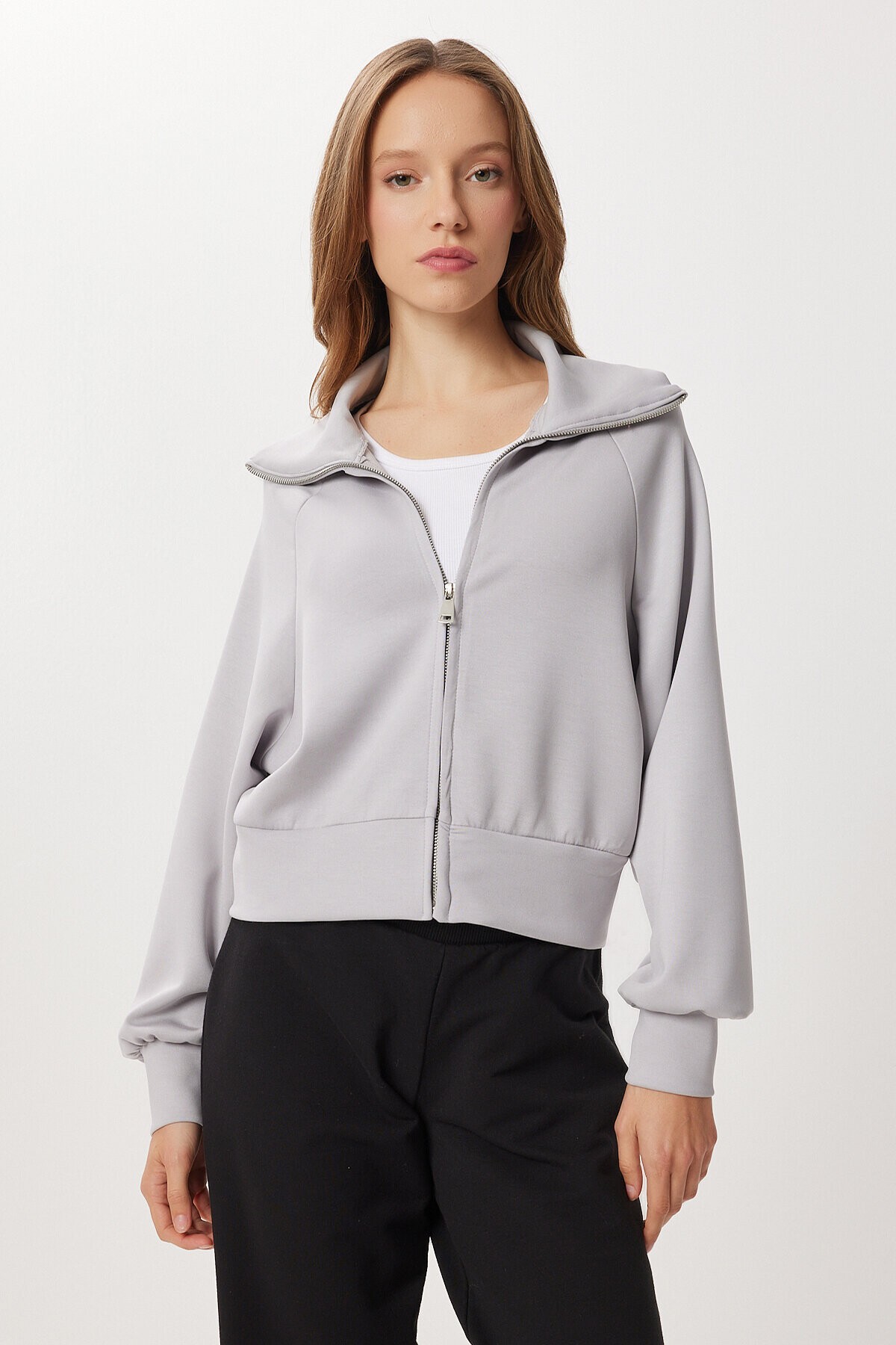 Dik Yaka Fermuarlı Modal Sweatshirt TAŞ GRİSİ LUB0308