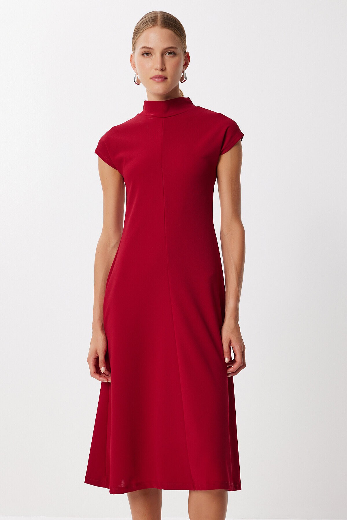 Dik Yaka Kloş Midi Örme Elbise BORDO LUB0223