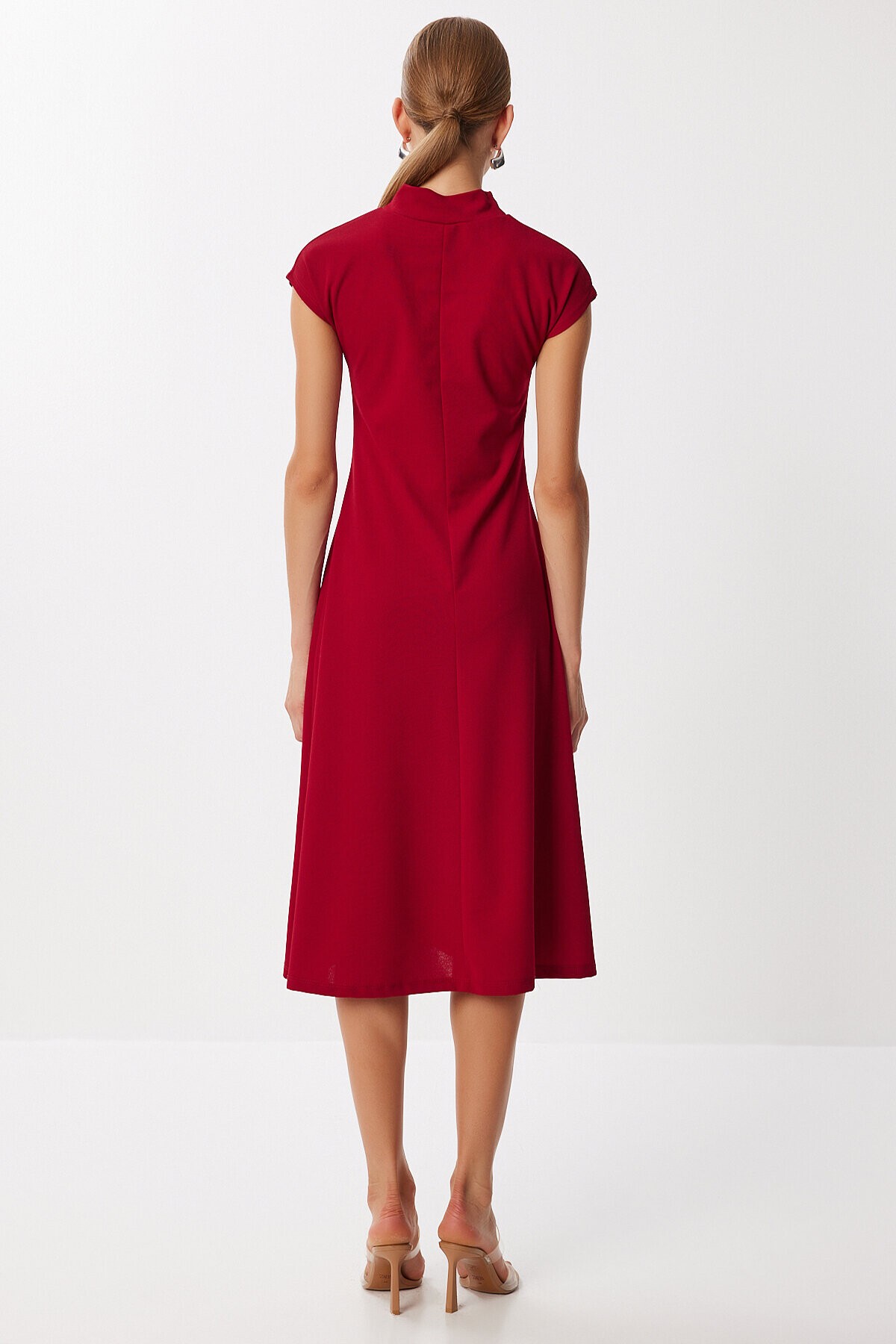 Dik Yaka Kloş Midi Örme Elbise BORDO LUB0223