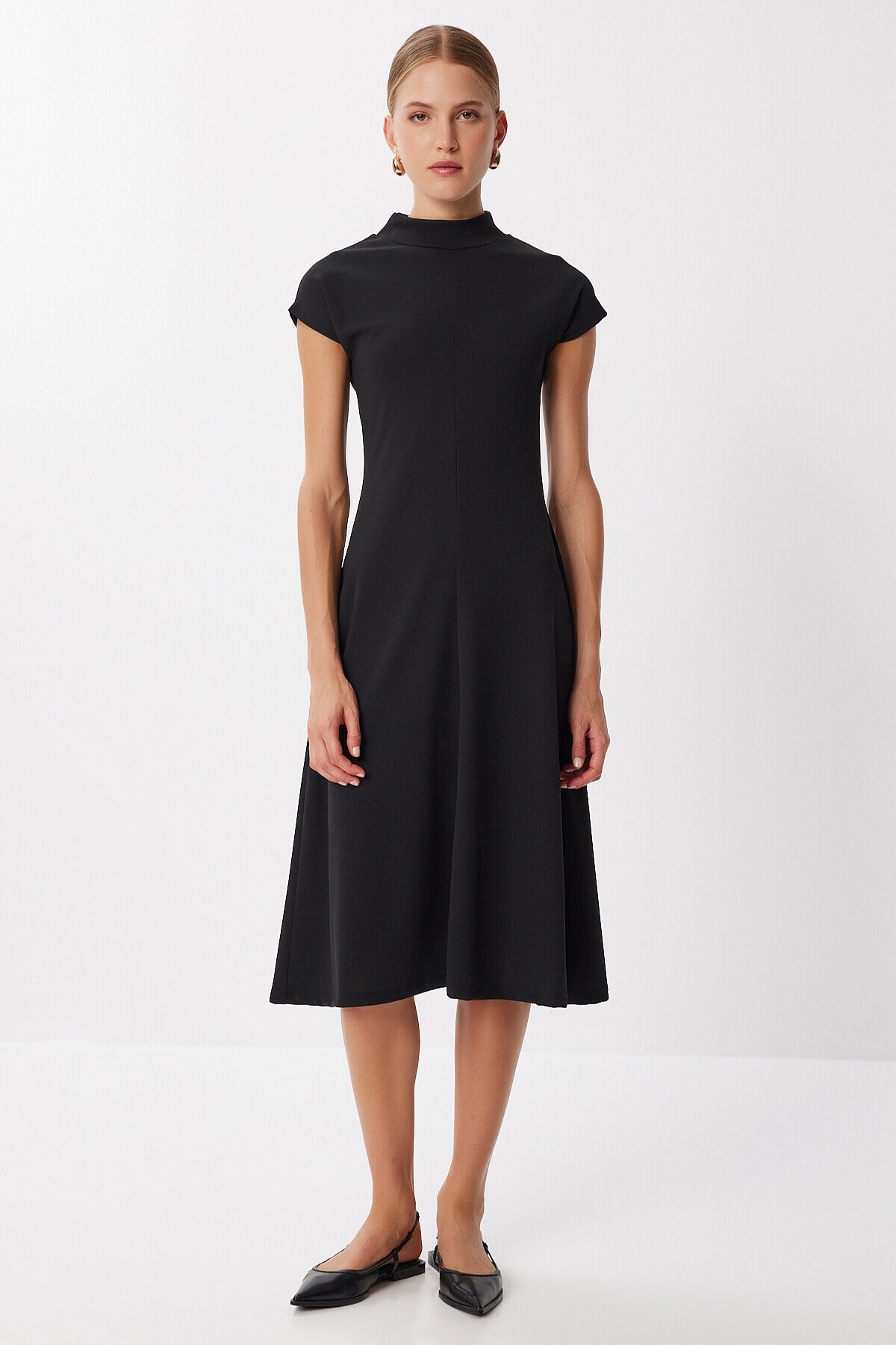 Dik Yaka Kloş Midi Örme Elbise SİYAH LUB0223