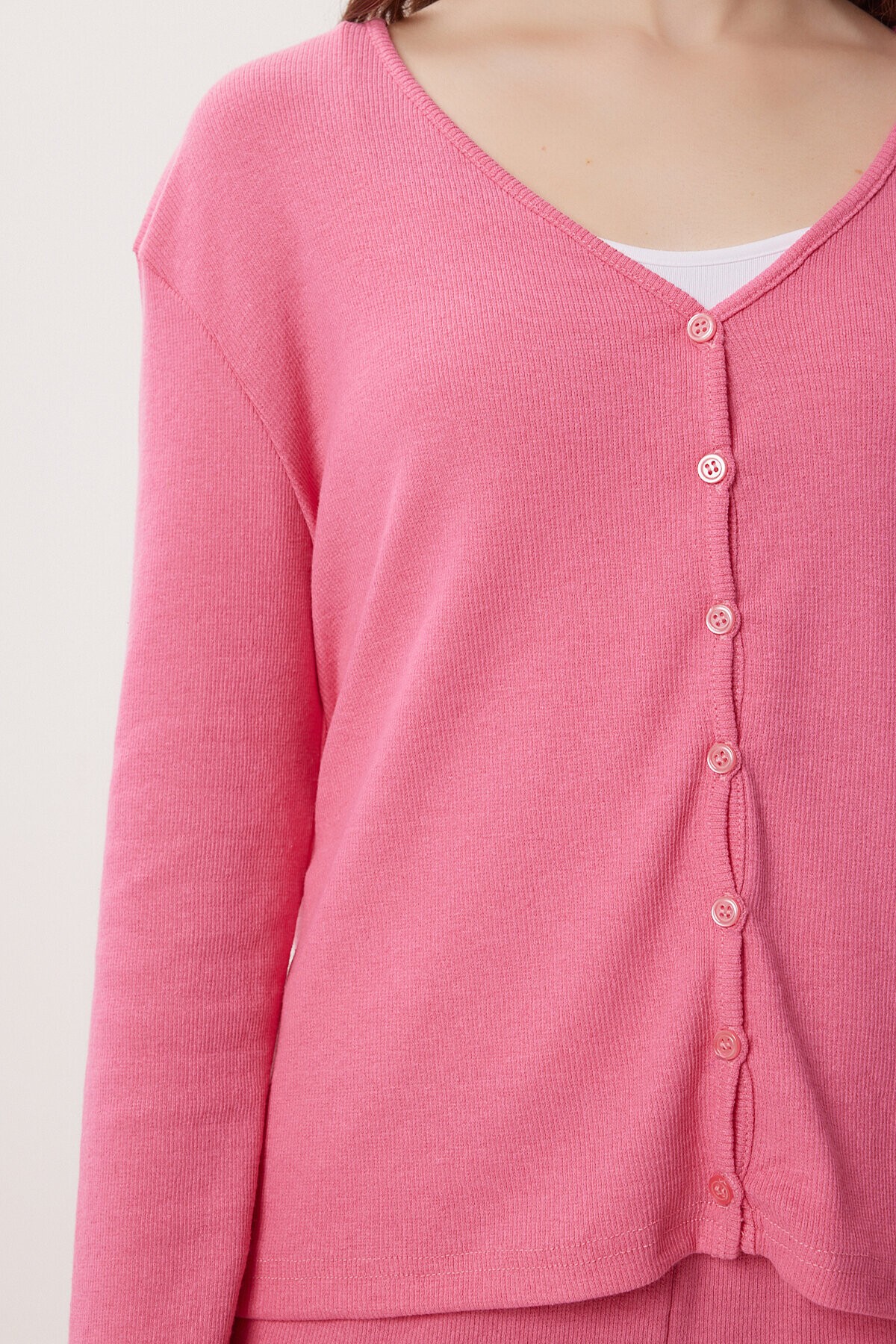 Düğmeli Fitilli Örme Hırka Pijama Takımı PEMBE LRN0017