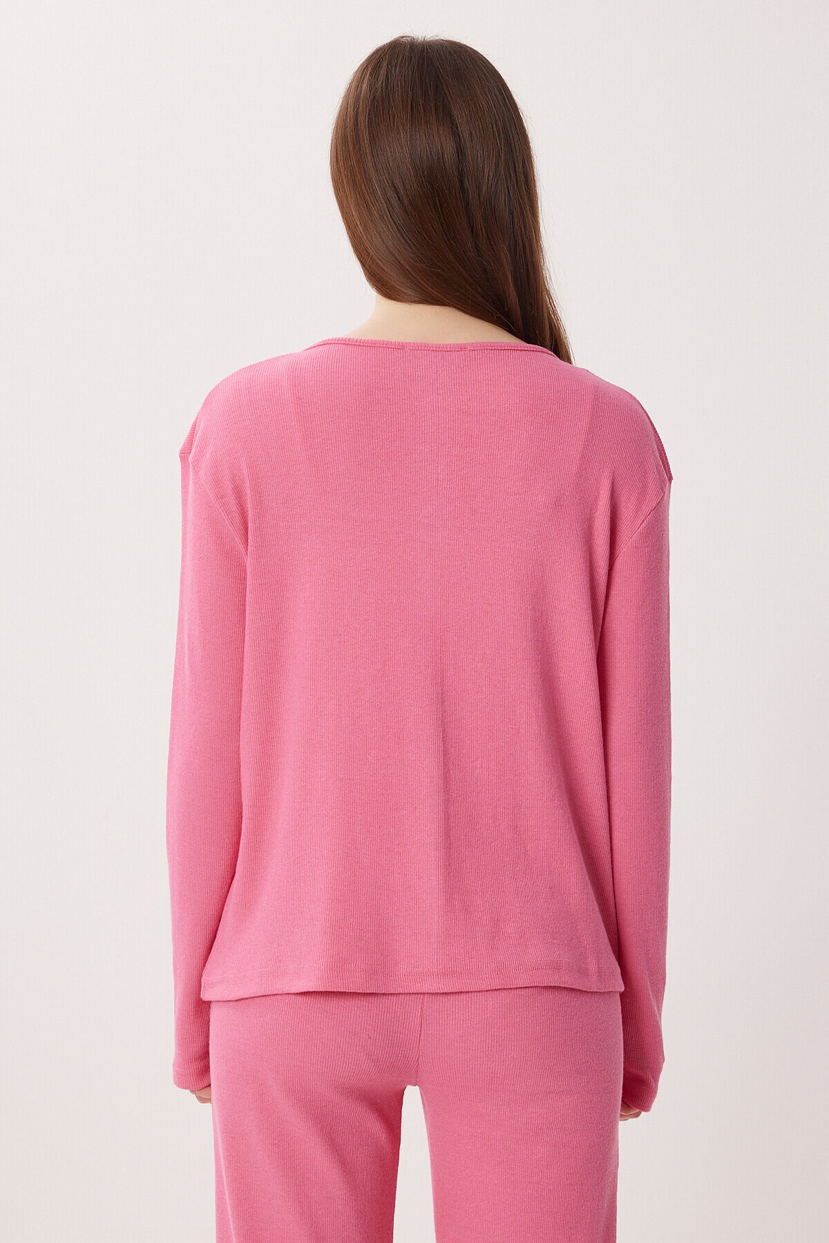 Düğmeli Fitilli Örme Hırka Pijama Takımı PEMBE LRN0017