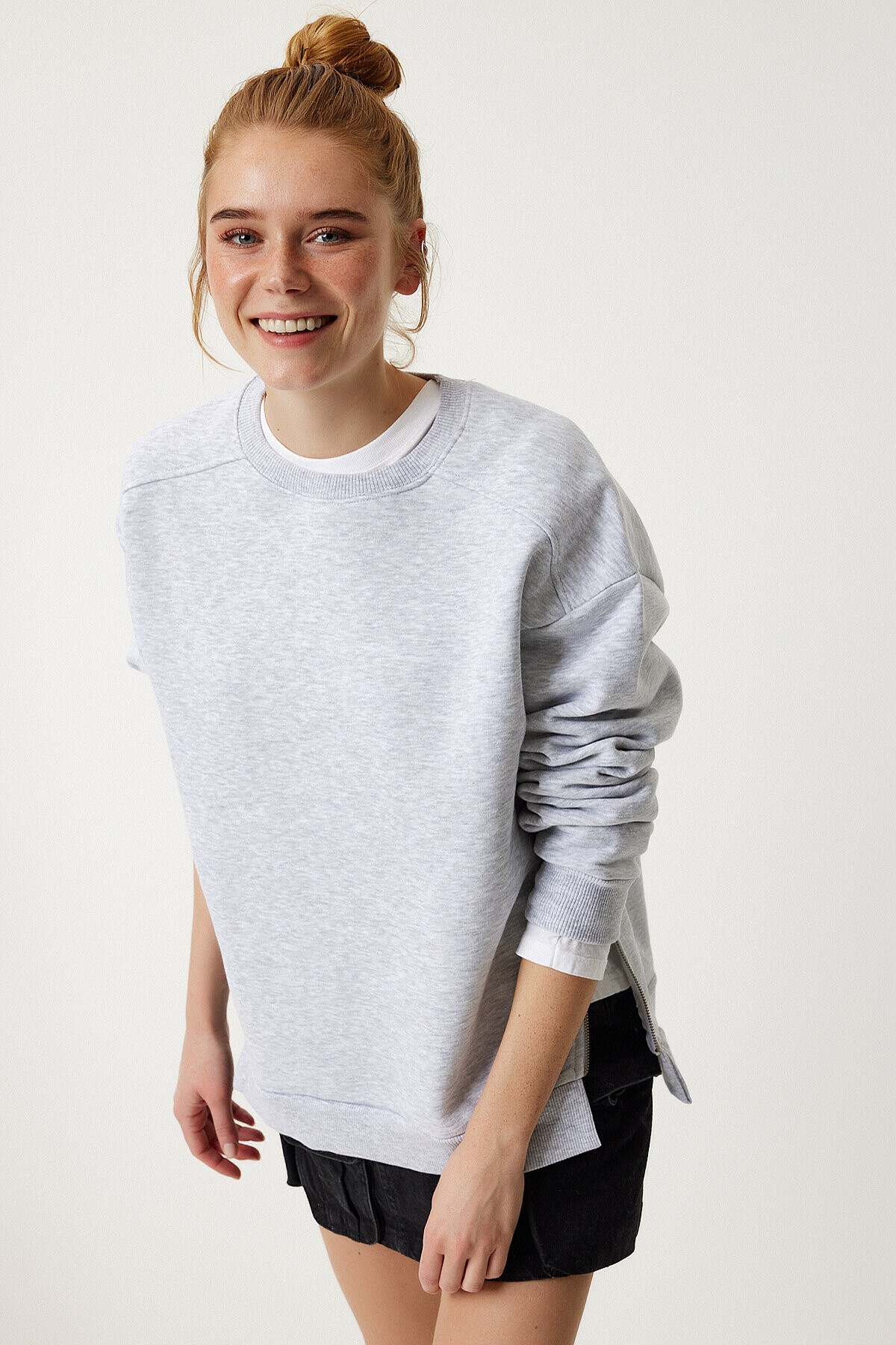 Fermuar Detaylı Şardonlu Sweatshirt GRİ LUB0003