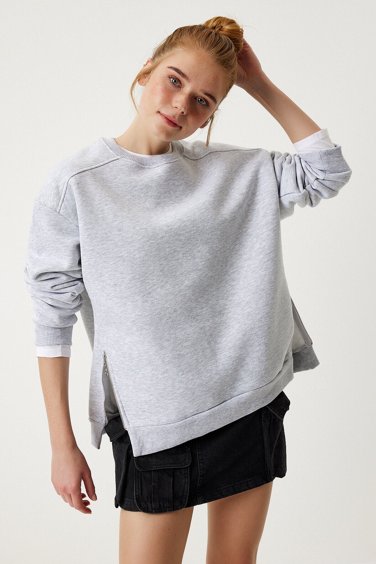 Fermuar Detaylı Şardonlu Sweatshirt GRİ LUB0003
