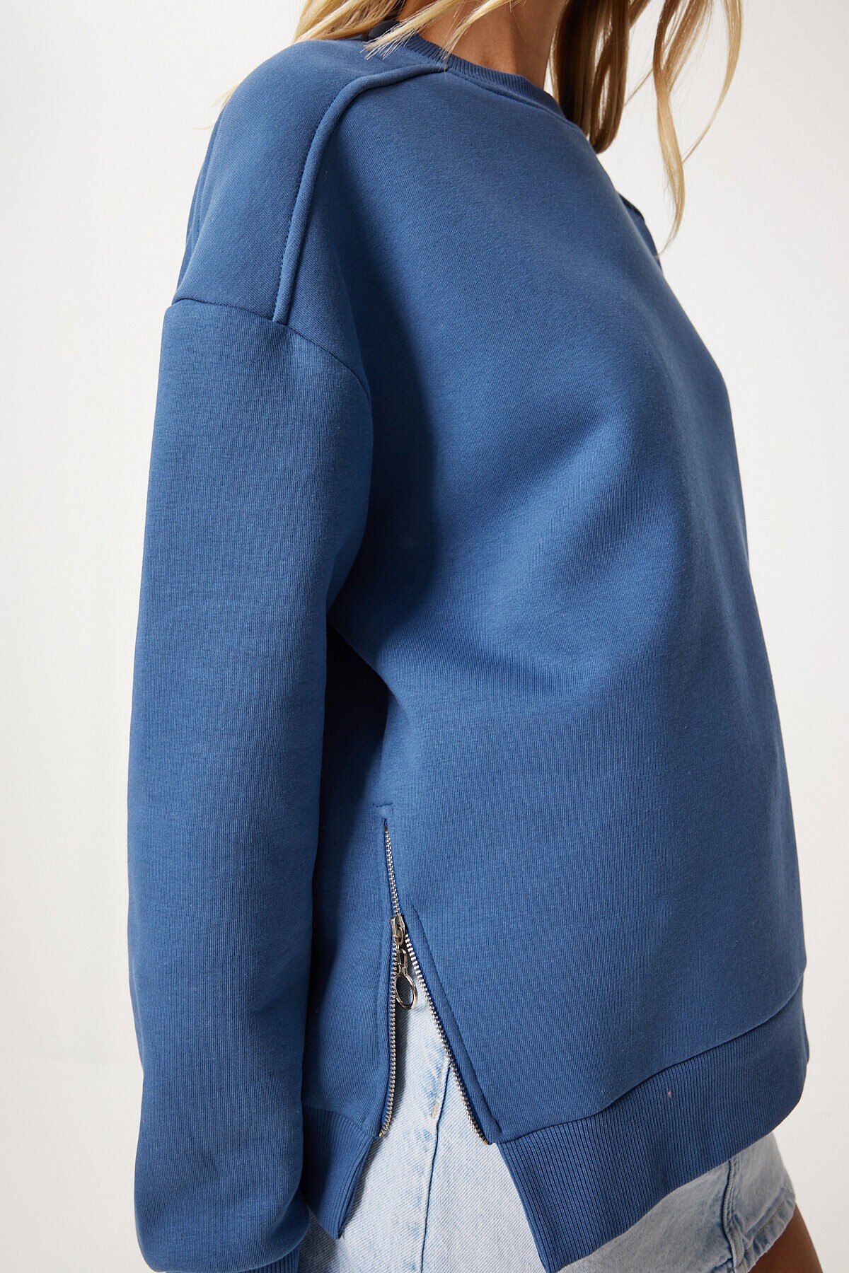 Fermuar Detaylı Şardonlu Sweatshirt İNDİGO MAVİ LUB0003